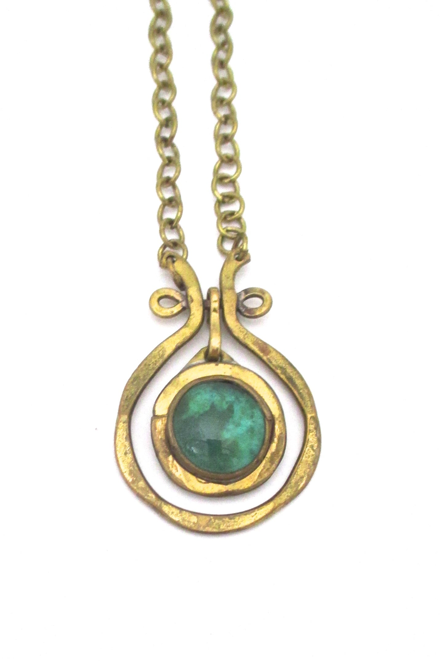detail Rafael Alfandary Canada mini brass classic kinetic pendant clear green stone vintage jewelry