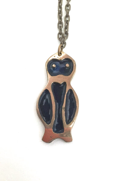 detail Bernard Chaudron Canada vintage bronze enamel owl pendant necklace 1970s