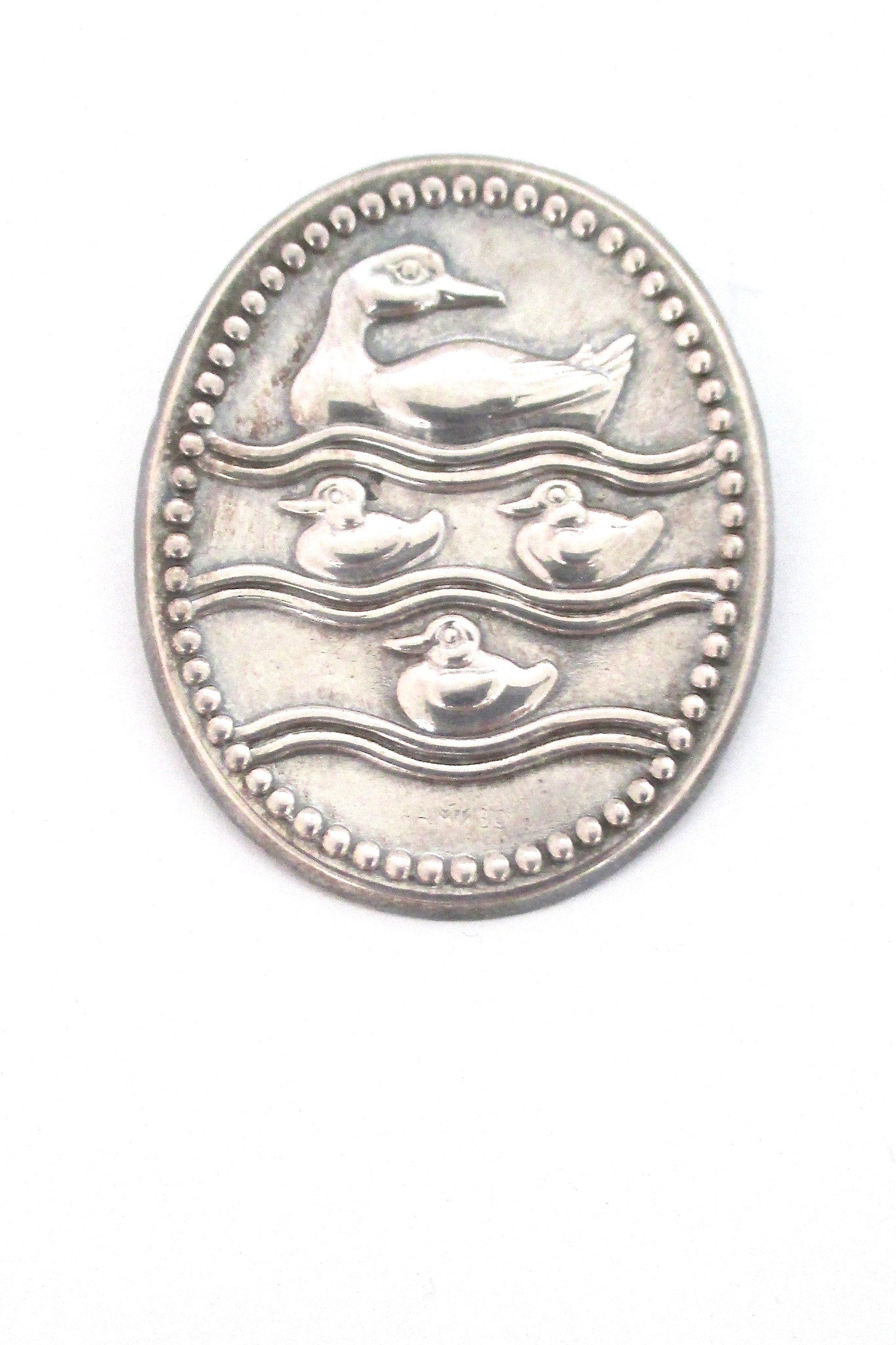 Jens Quistgaard Dansk ducks logo sterling brooch at Samantha Howard Vintage