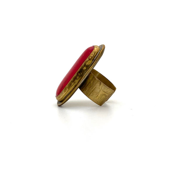 profile Rafael Alfandary Canada vintage brutalist brass bright opaque red glass extra long ring