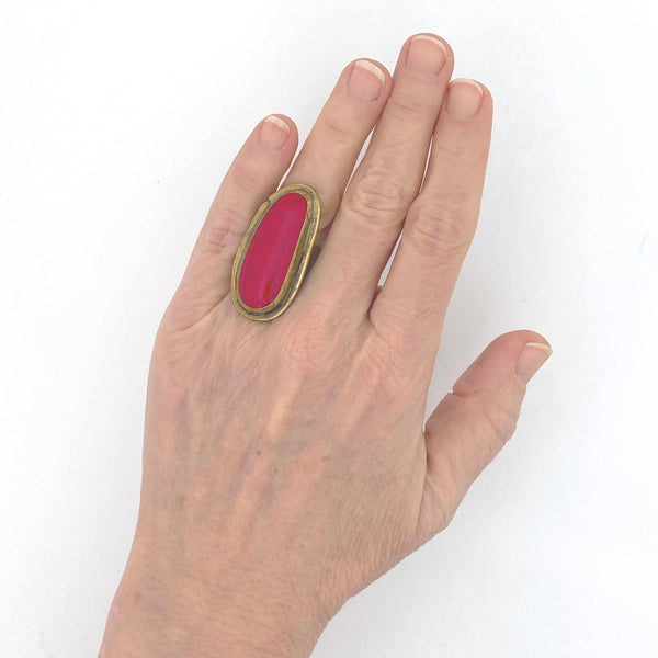 scale Rafael Alfandary Canada vintage brutalist brass bright opaque red glass extra long ring