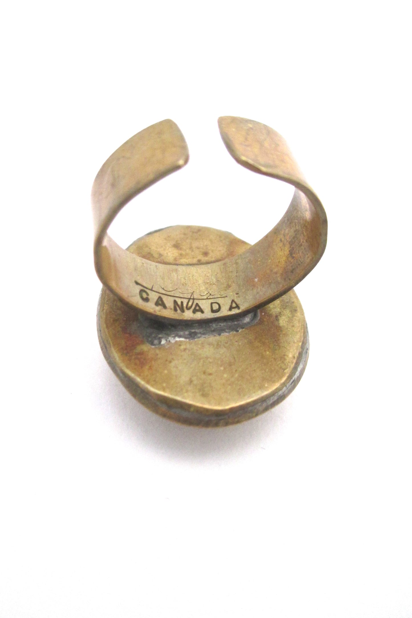 Rafael Canada brass ring ~ oval clear teal stone