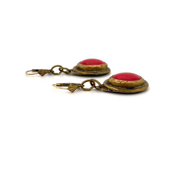 detail Rafael Alfandary Canada vintage brutalist brass opaque bright red glass drop earrings