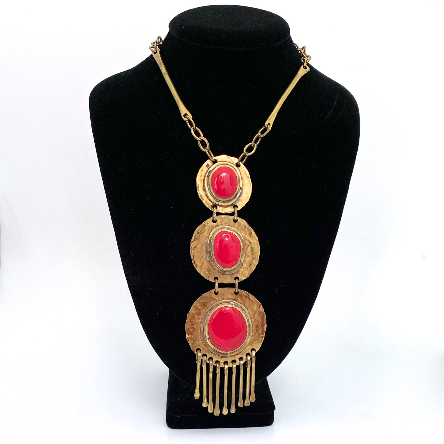Rafael Canada brass long triple fringe pendant necklace ~ opaque bright red