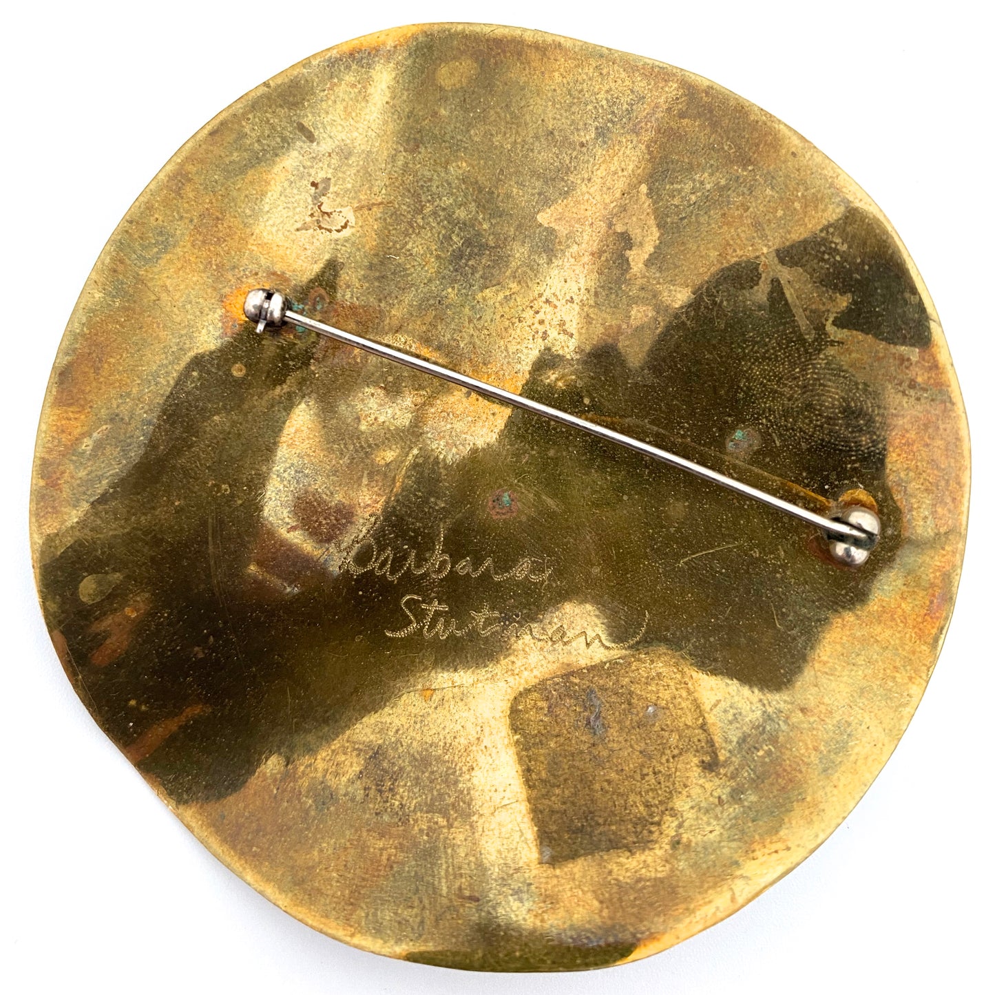 Barbara Stutman large textured brass 1980s brooch ~ signed