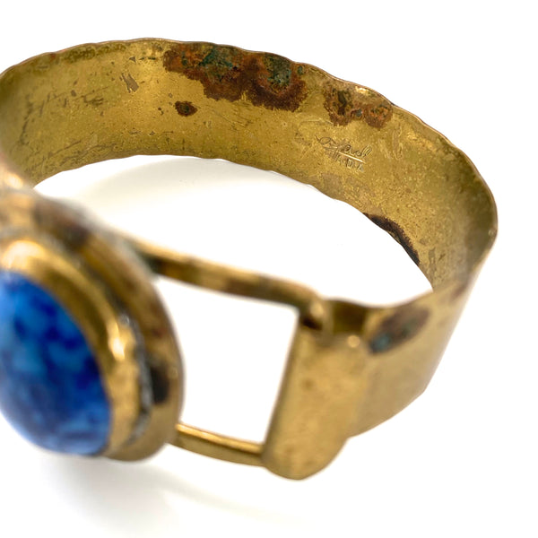 Rafael Canada brass hinged bracelet ~ speckled blue glass glass