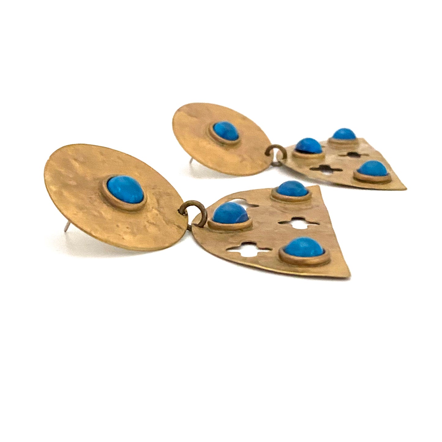 detail Martha Sturdy Canada vintage post modern large drop earrings faux turquoise hammered brass