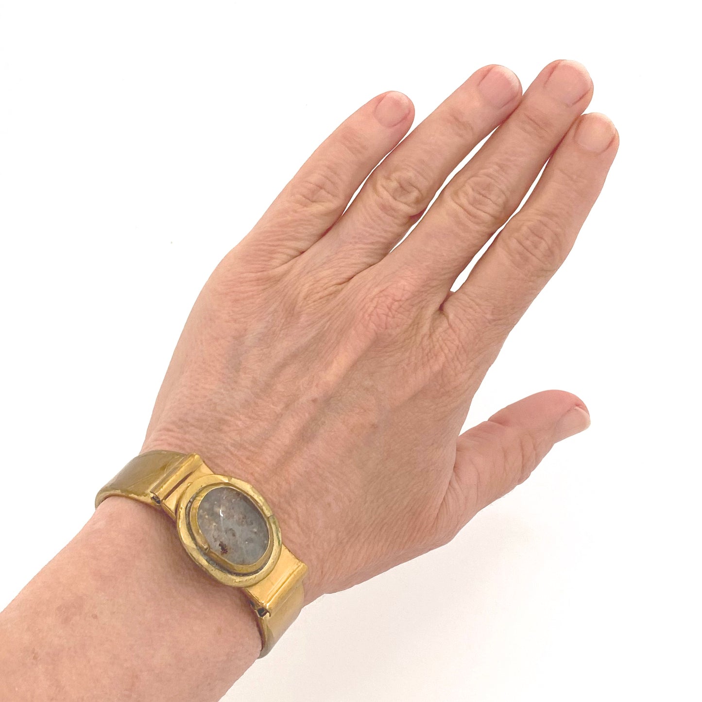 detail scale Rafael Alfandary Canada vintage brass clear glass clamper bracelet Canadian jewelry design