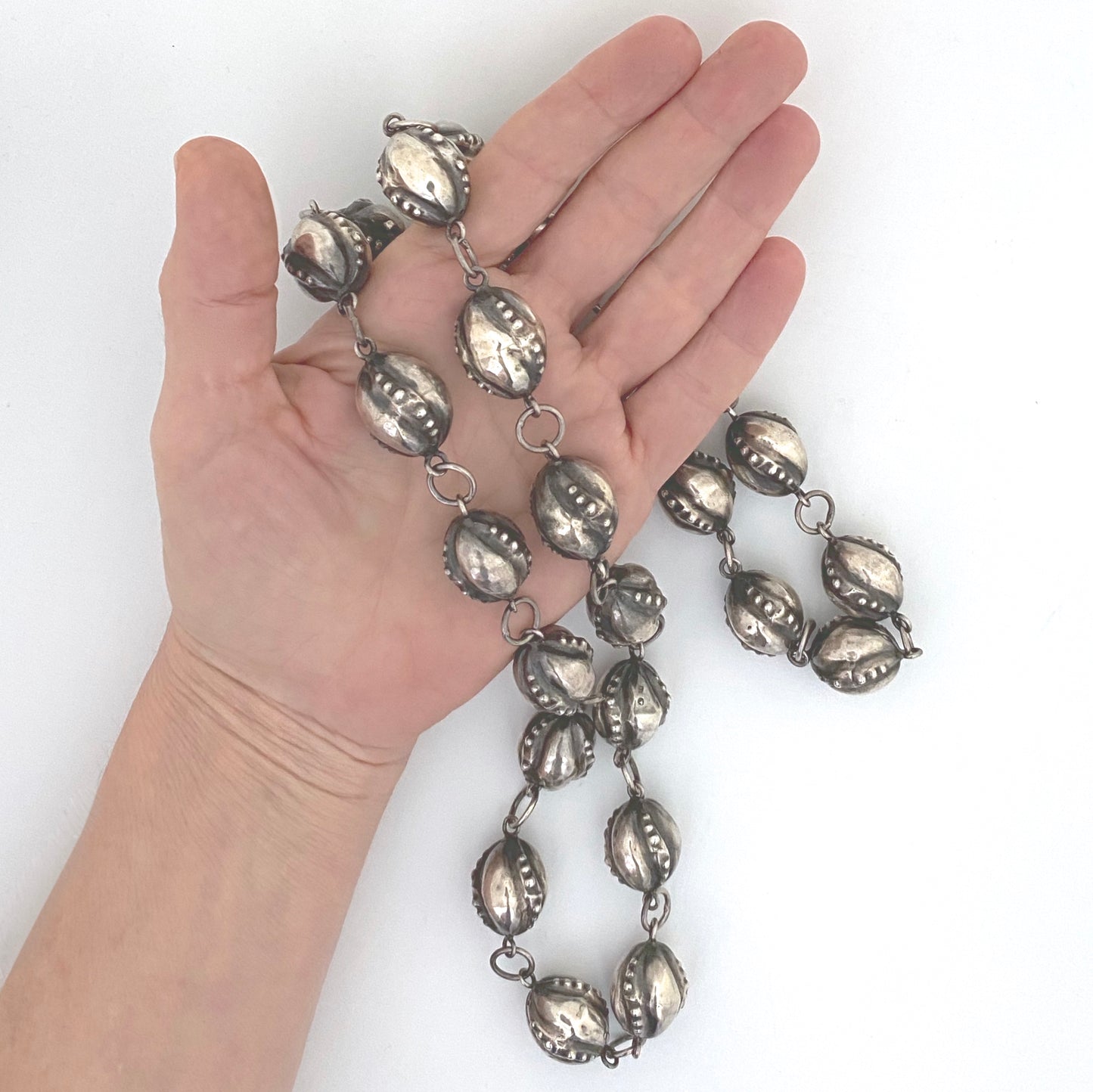 scale vintage Scandinavian or Baltic sterling silver textured beads necklace