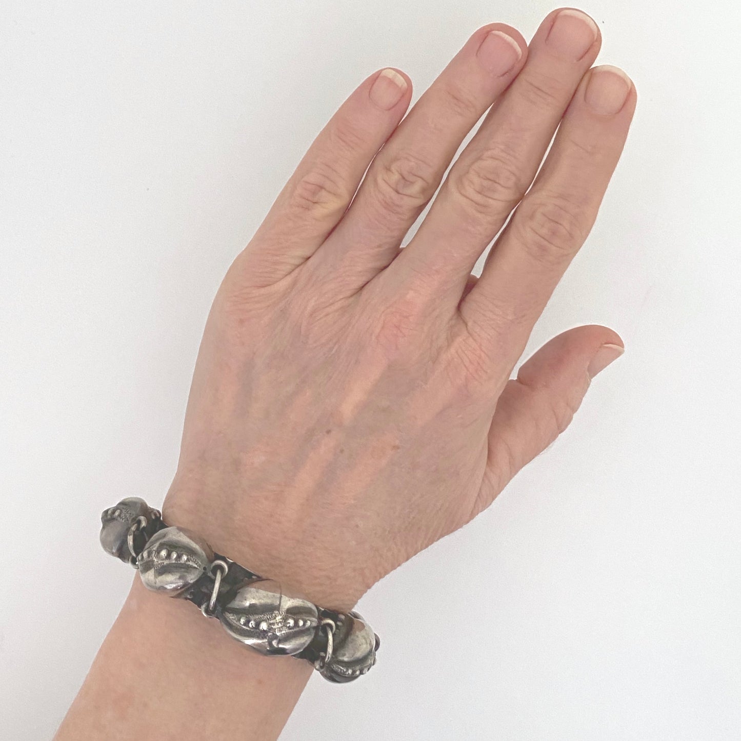 scale vintage Scandinavian or Baltic sterling silver textured beads hinged bracelet