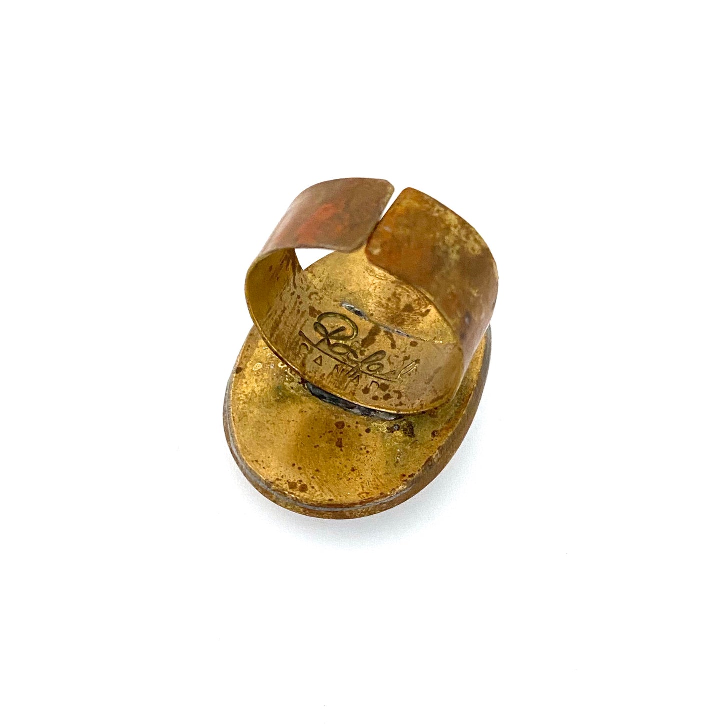 Rafael Canada large oval brass ring ~ clear red