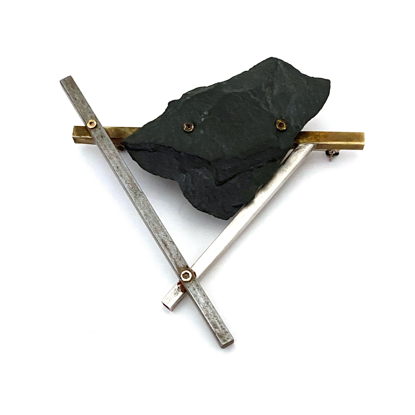 large postmodern brooch ~ silver, brass, iron & slate