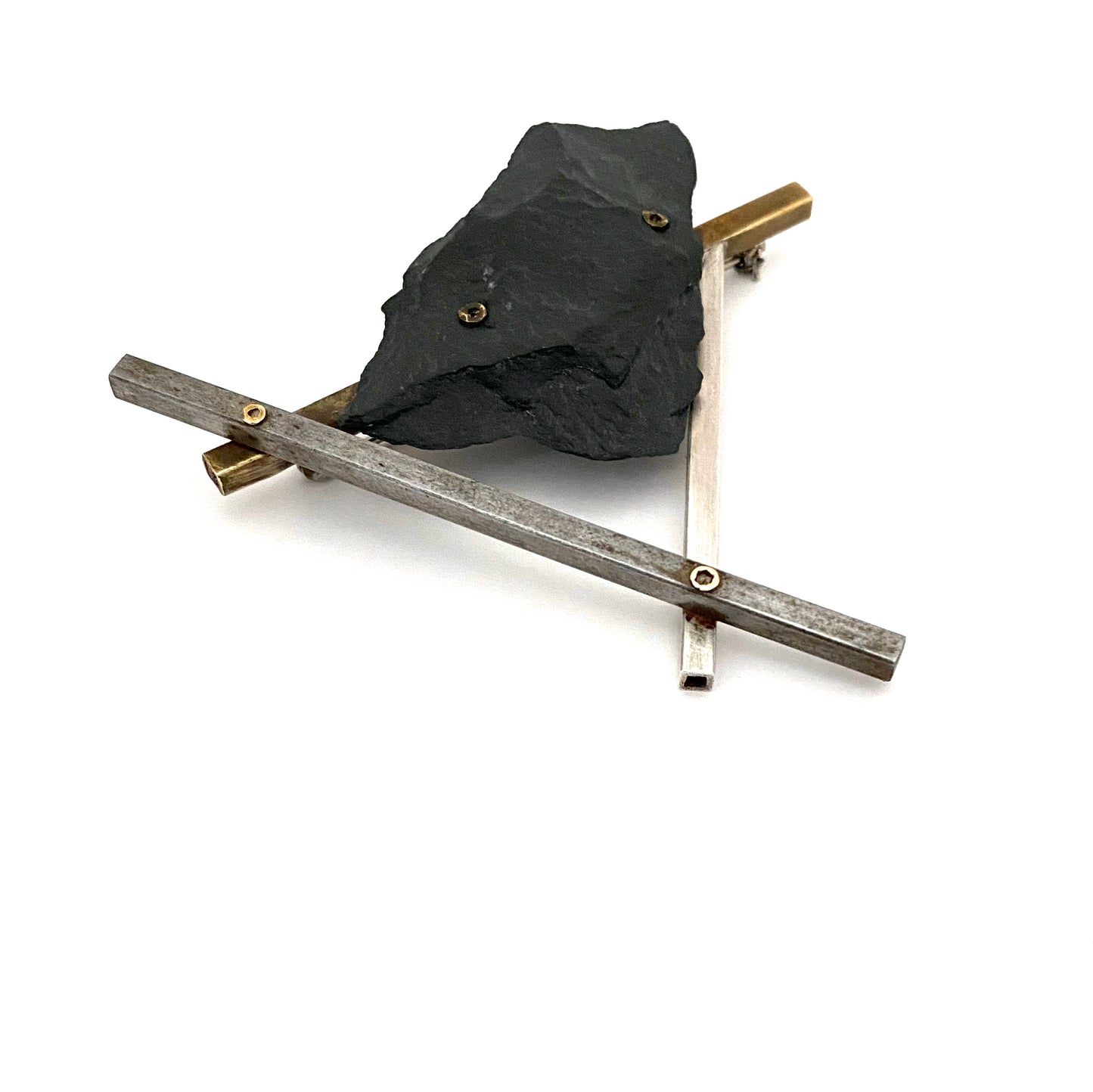 detail large vintage postmodern constructivist brooch in sterling silver iron brass slate signed dated 1989