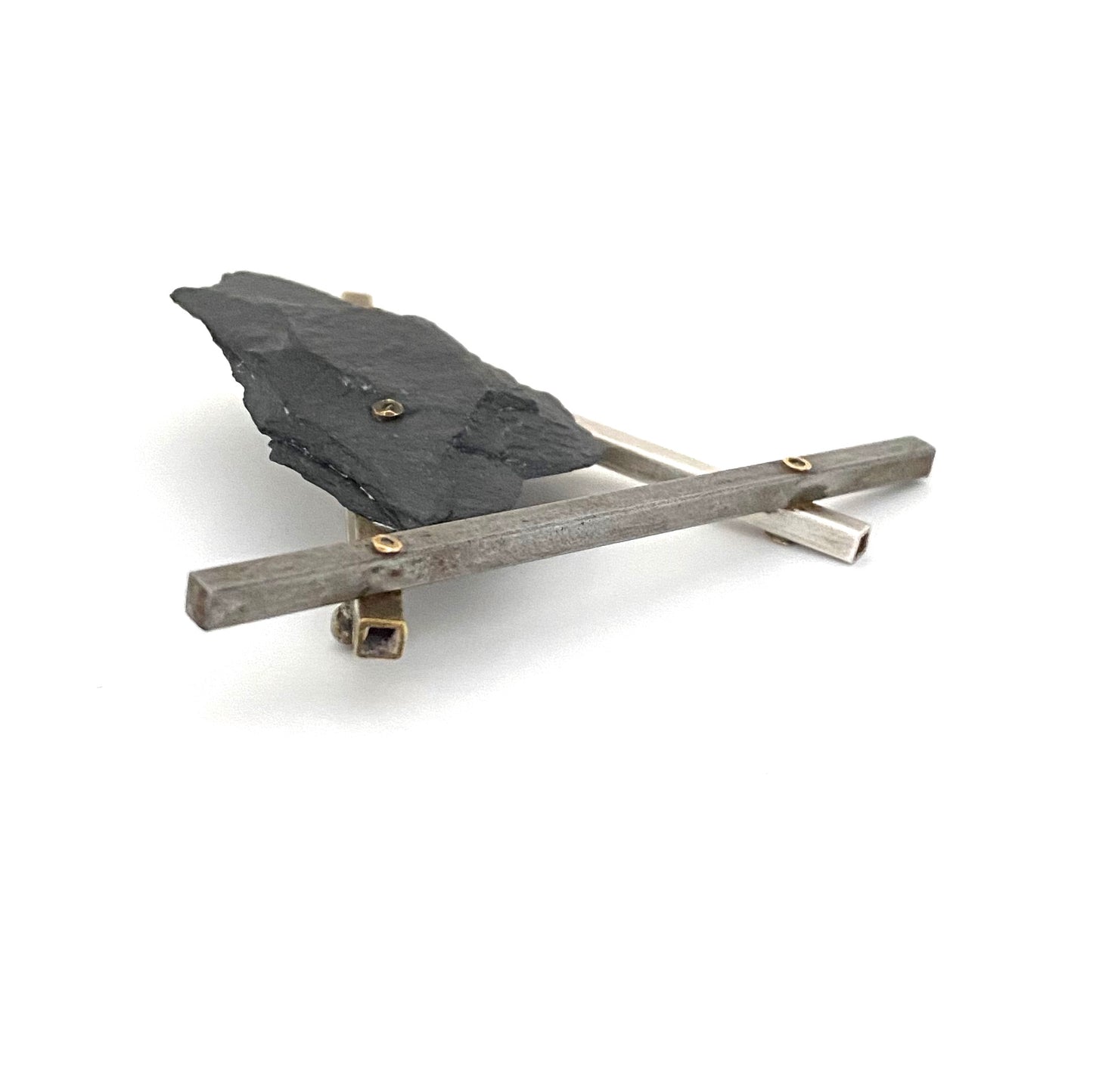 large postmodern brooch ~ silver, brass, iron & slate