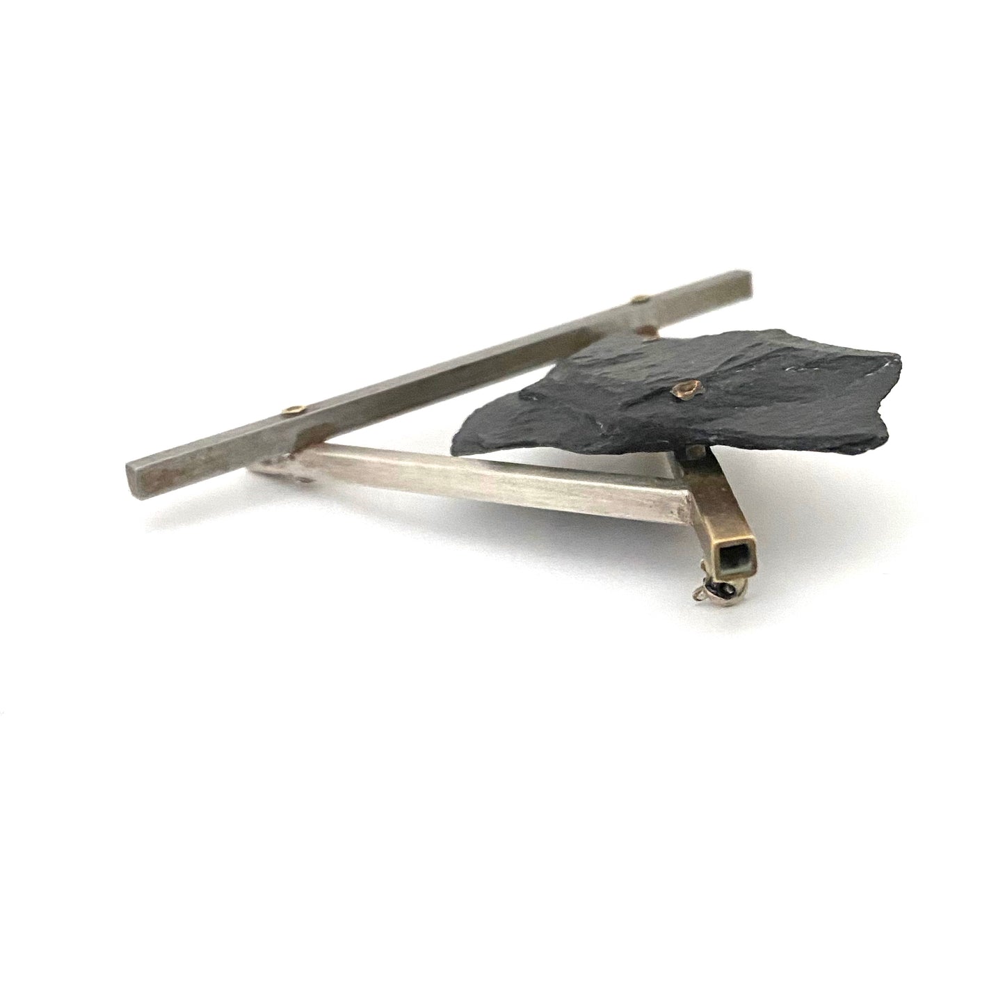 profile large vintage postmodern constructivist brooch in sterling silver iron brass slate signed dated 1989