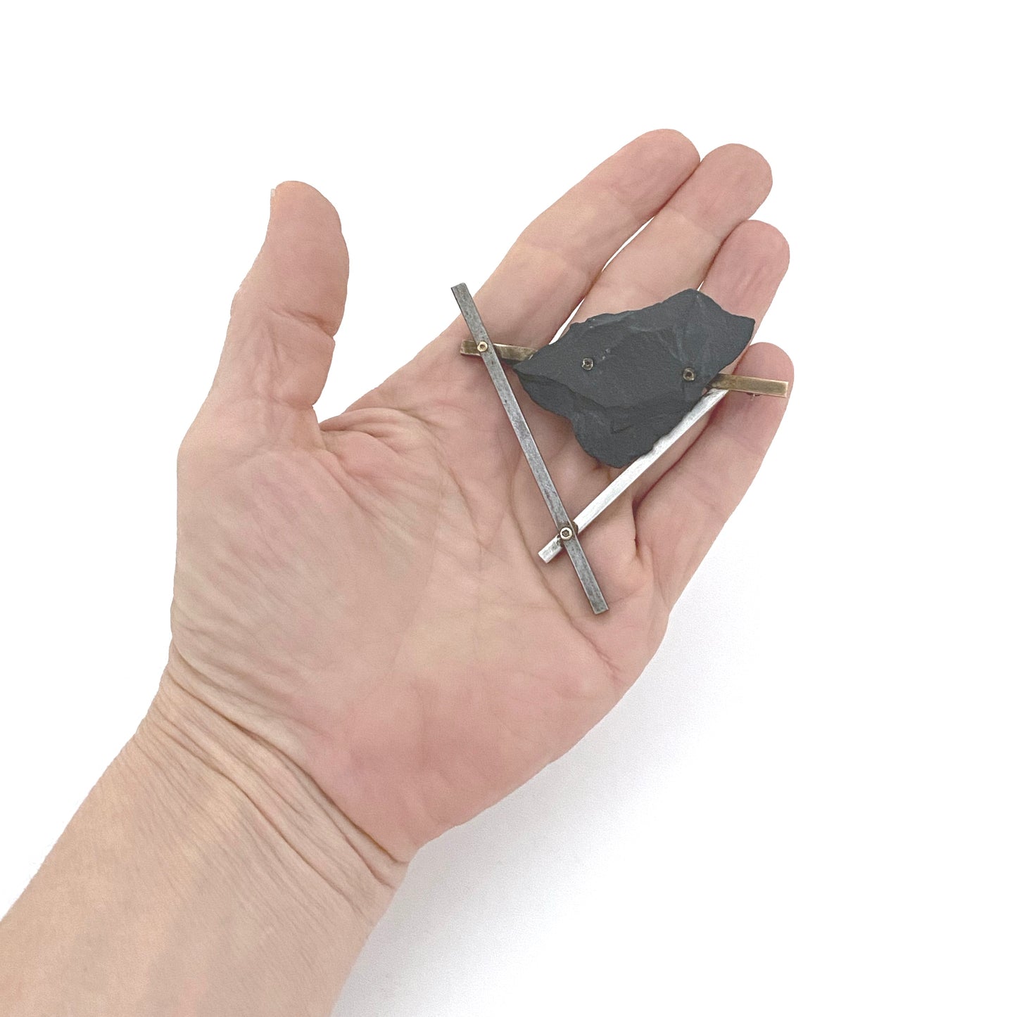large postmodern brooch ~ silver, brass, iron & slate