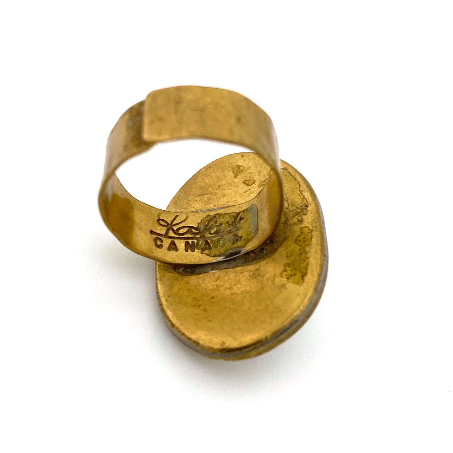 Rafael Canada oval brass ring ~ clear blue grey