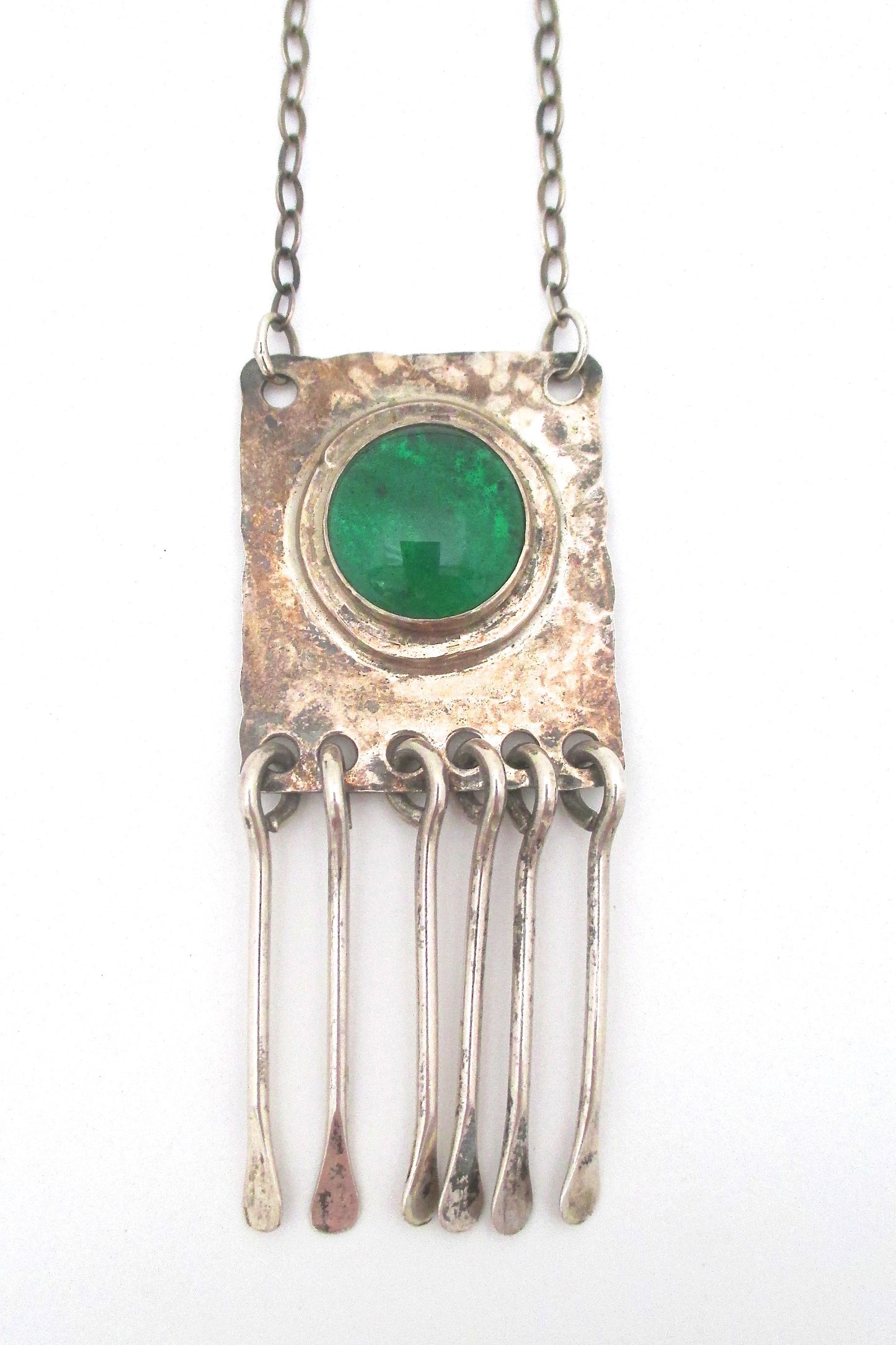 detail Rafael Alfandary Canada vintage brutalist sterling silver mirrored clear green stone fringe necklace