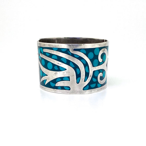 detail vintage silver wide panel link bracelet turquoise inlay Mexico Modernist jewelry design