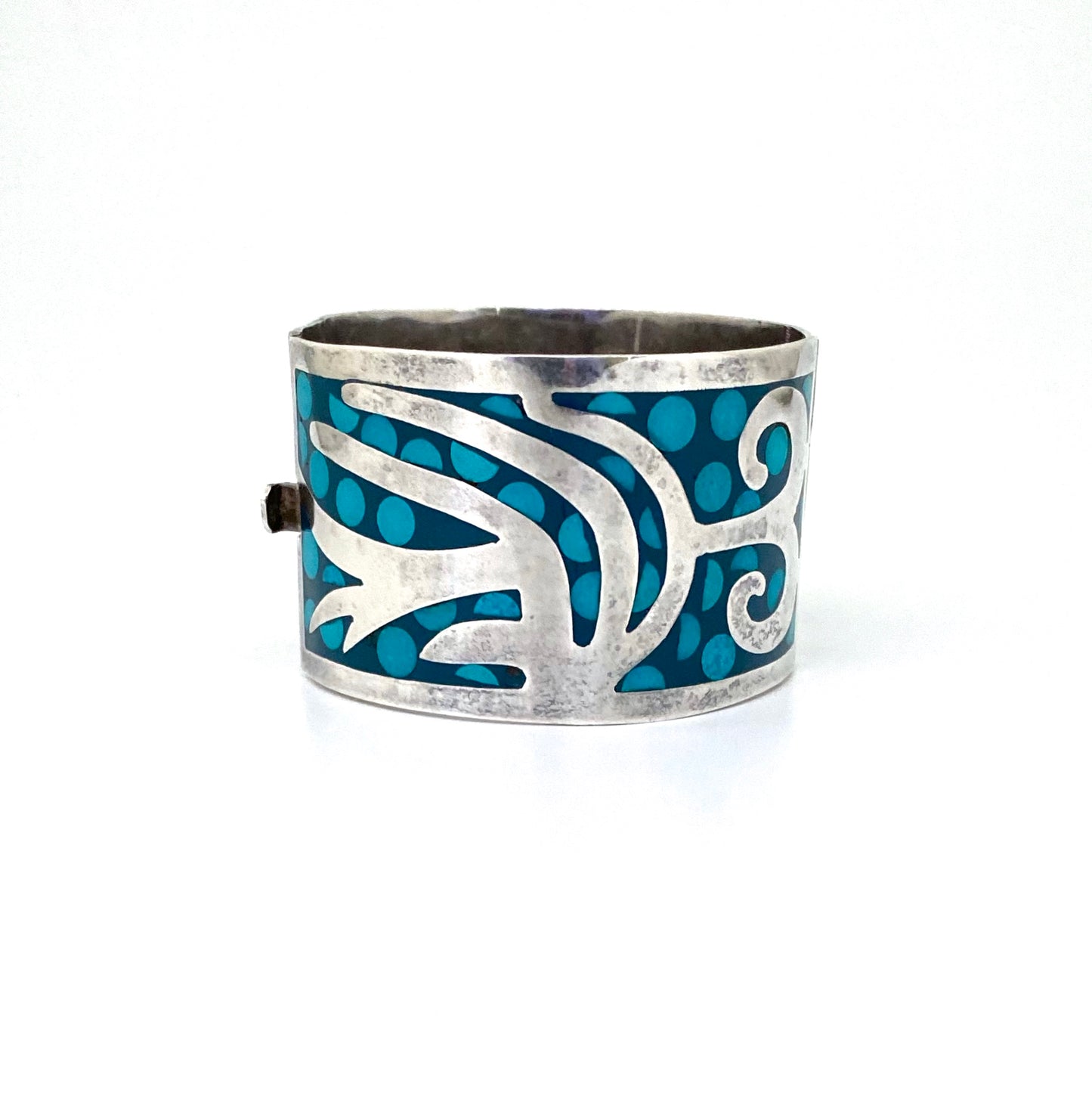 vintage silver & polka dots large panel link bracelet ~ Mexico