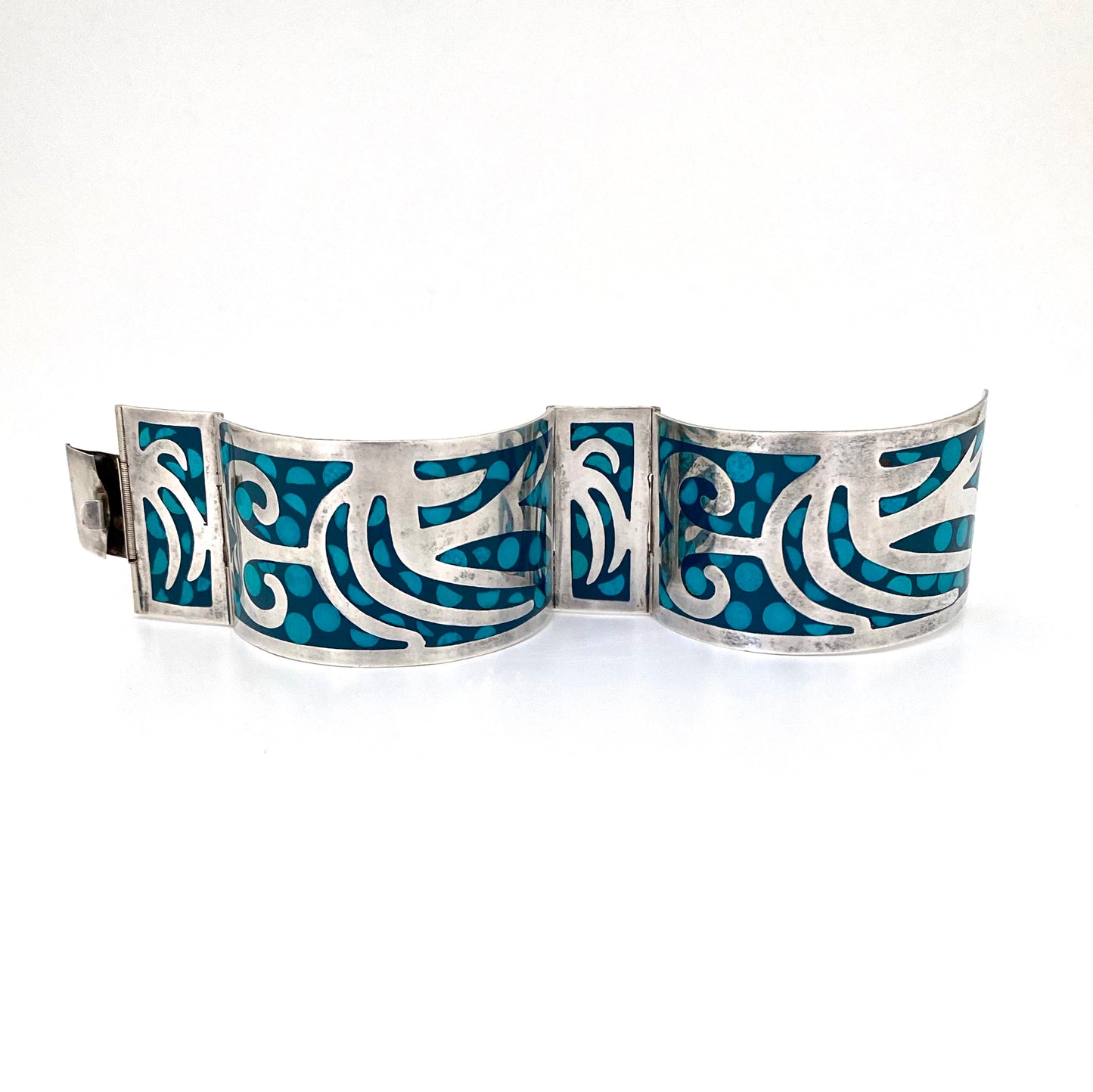 vintage silver & polka dots large panel link bracelet ~ Mexico