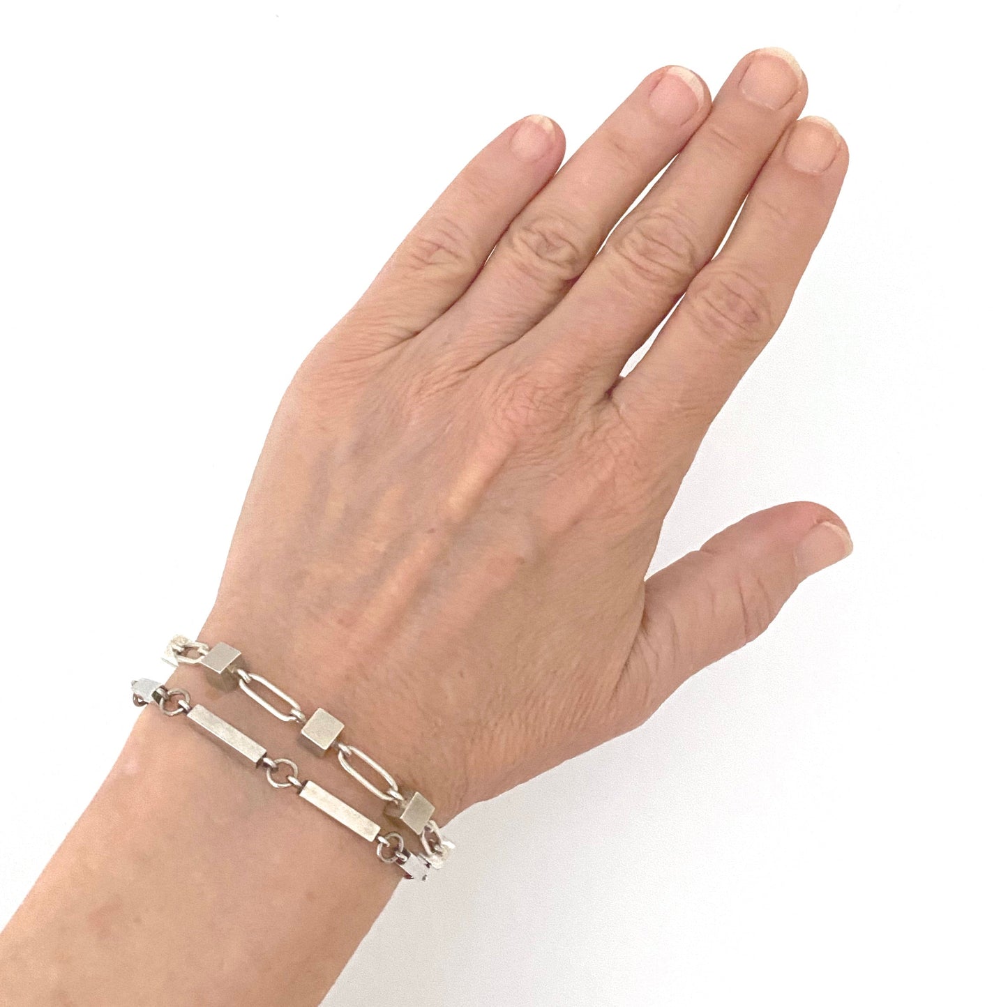 pair together Arne Johansen Denmark vintage silver bars link chain bracelet Scandinavian Modernist jewelry design