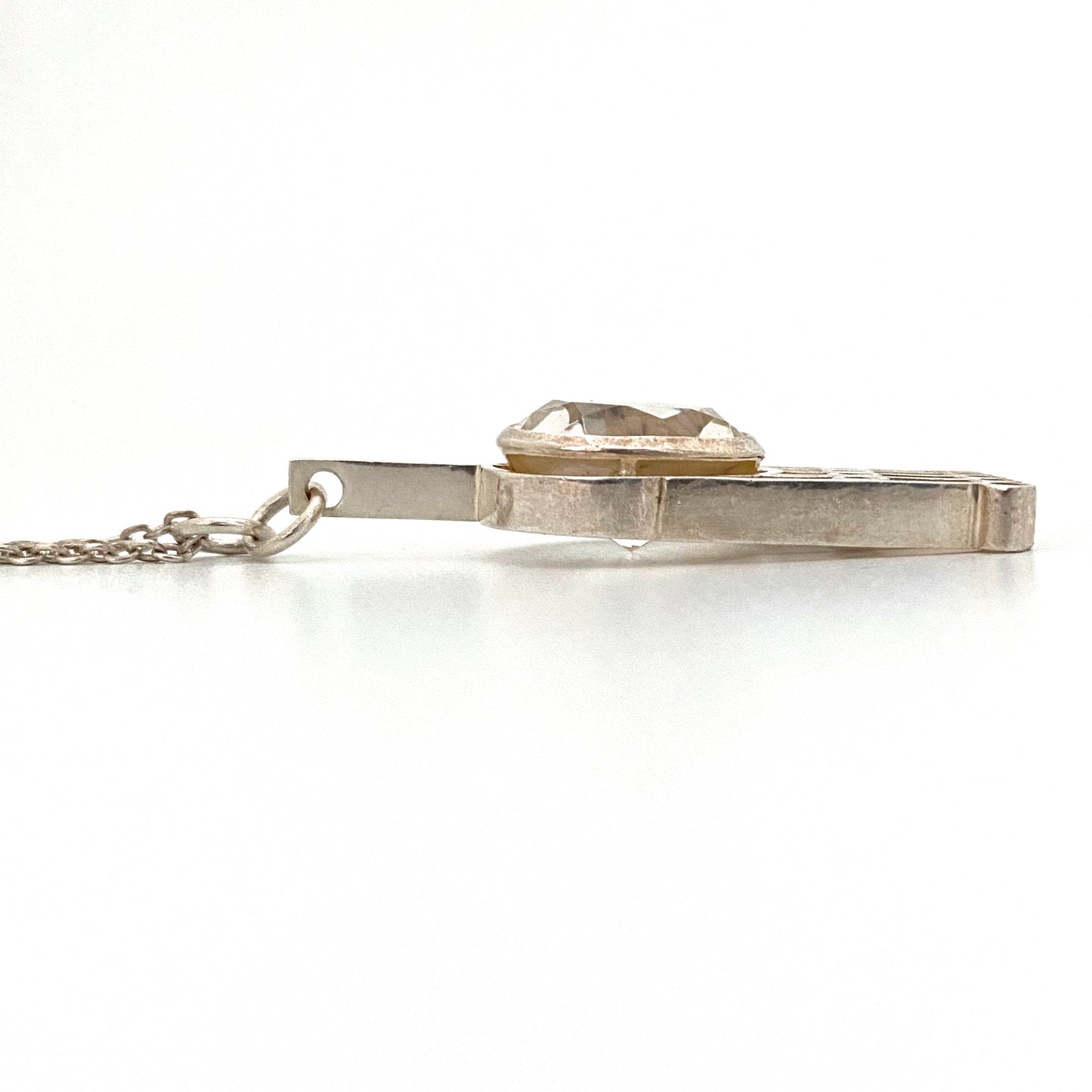 profile vintage Finland silver rock crystal pendant necklace Scandinavian Modernist jewelry design
