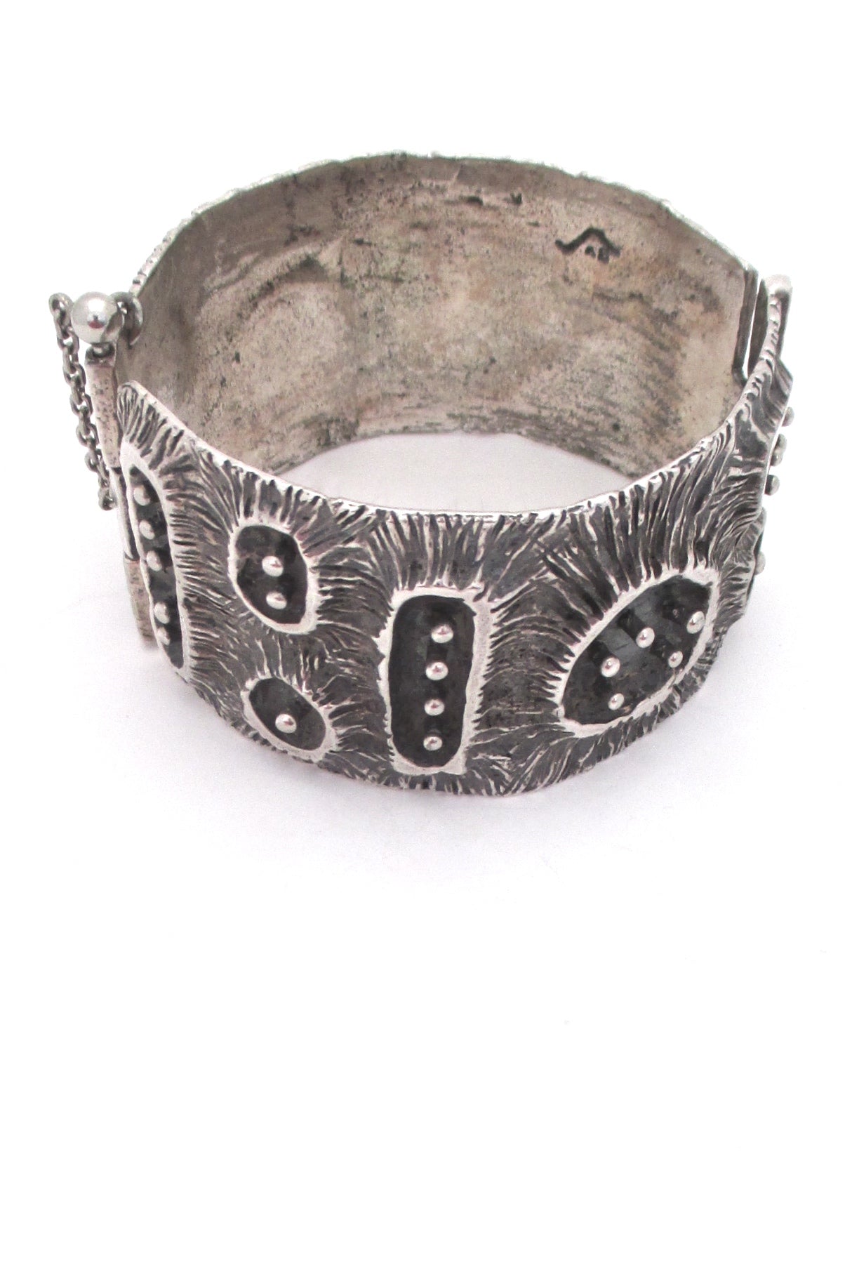 Guy Vidal brutalist pewter 'craters & posts' hinged bracelet