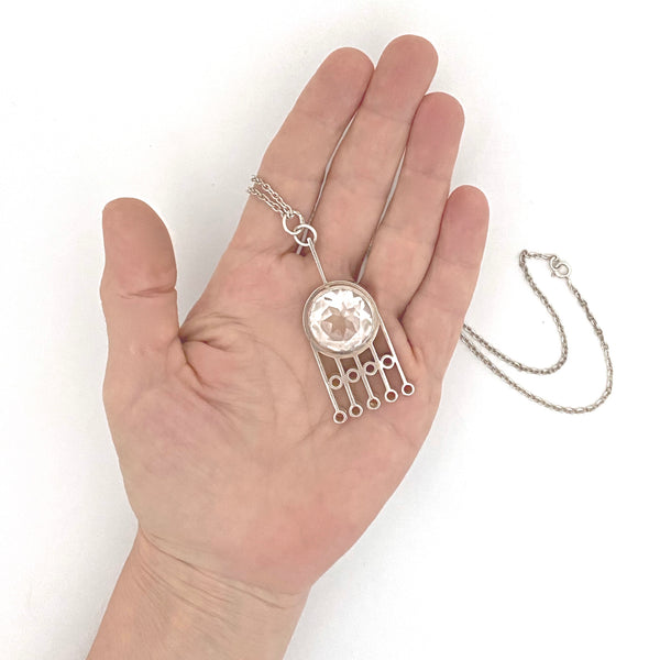 scale vintage Finland silver rock crystal pendant necklace Scandinavian Modernist jewelry design