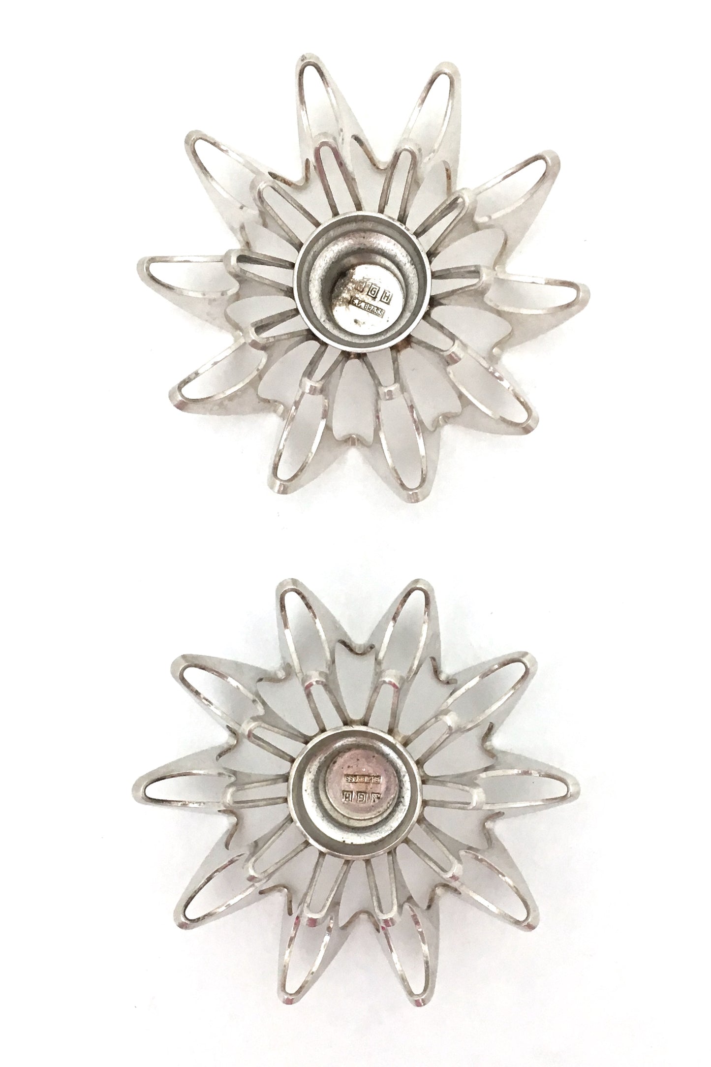detail Theresia Hvorslev Sweden vintage Scandinavian Modernist pair silverplate candle holders