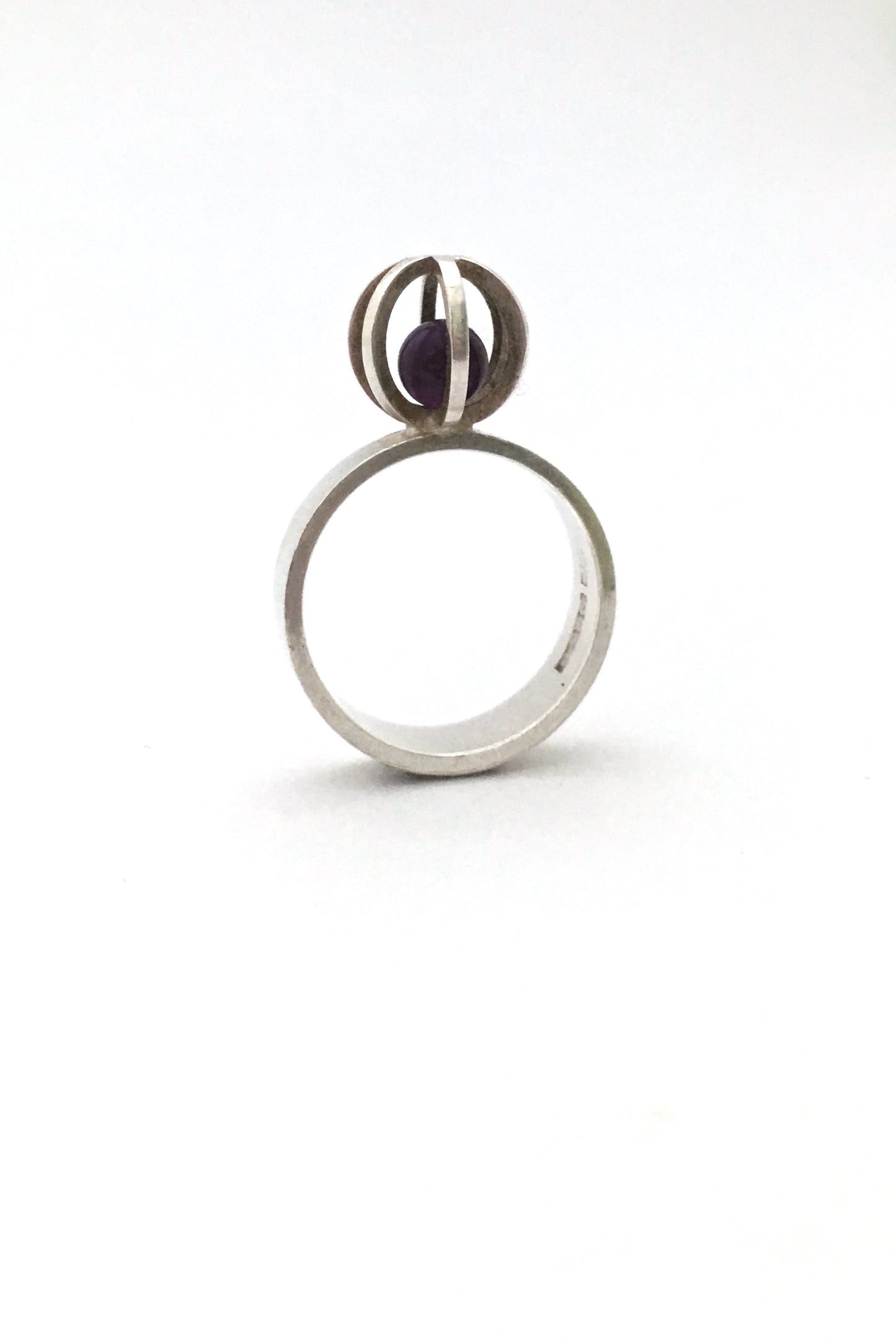 Elis Kauppi for Kupittaan Kulta Finland vintage silver amethyst caged sphere modernist ring