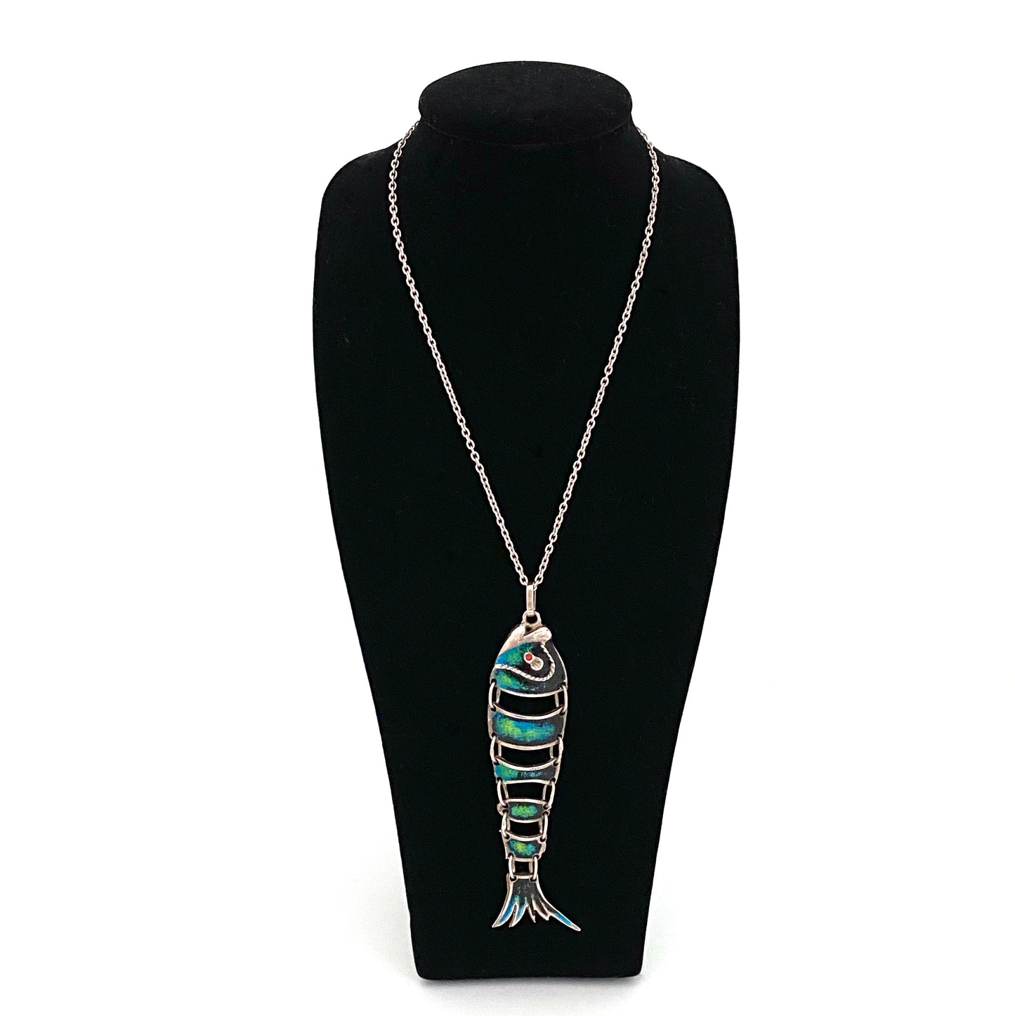 vintage silver & enamel large articulated fish pendant necklace