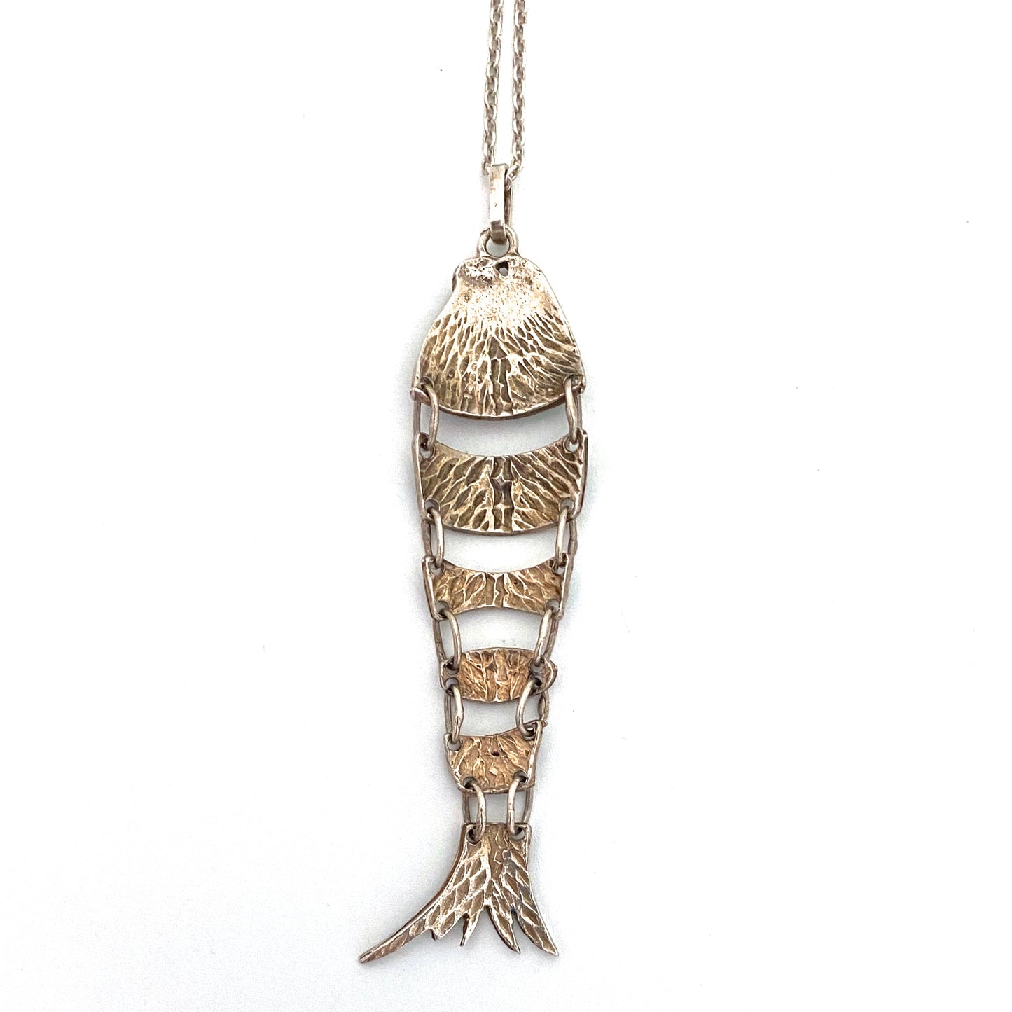vintage silver & enamel large articulated fish pendant necklace