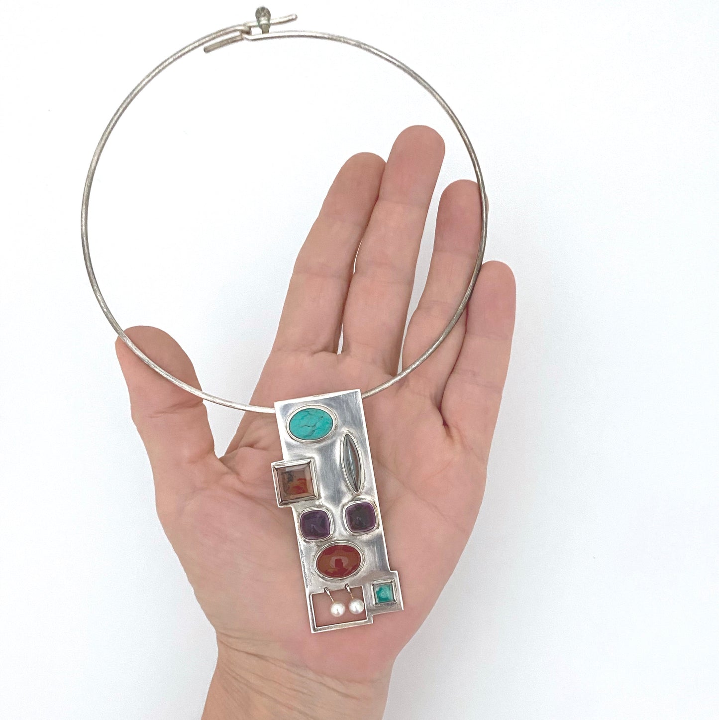 scale Bent Anni Knudsen Denmark Bent K Denmark vintage silver amethyst pearl moss agate turquoise pendant necklace Scandinavian Modern jewelry design