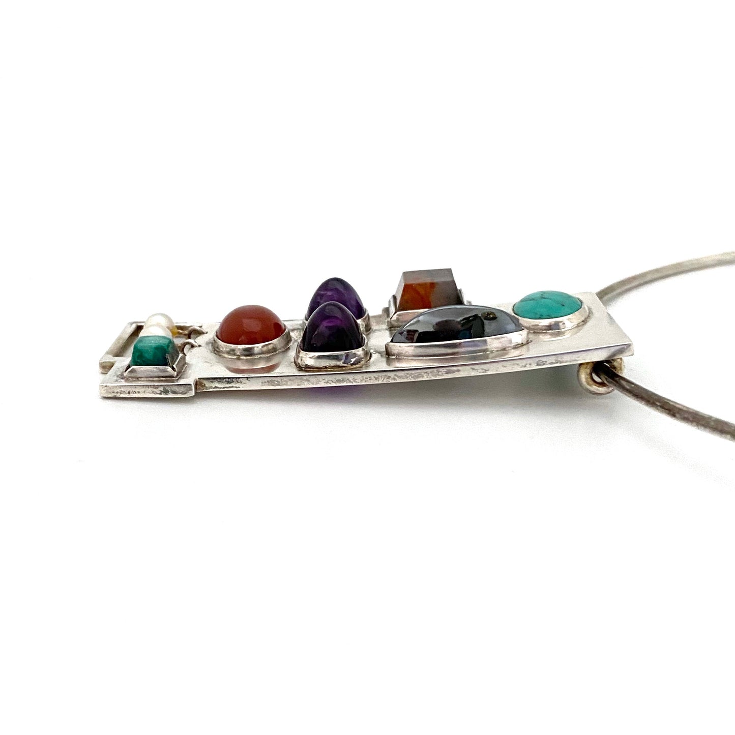 profile Bent Anni Knudsen Denmark Bent K Denmark vintage silver amethyst pearl moss agate turquoise pendant necklace Scandinavian Modern jewelry design