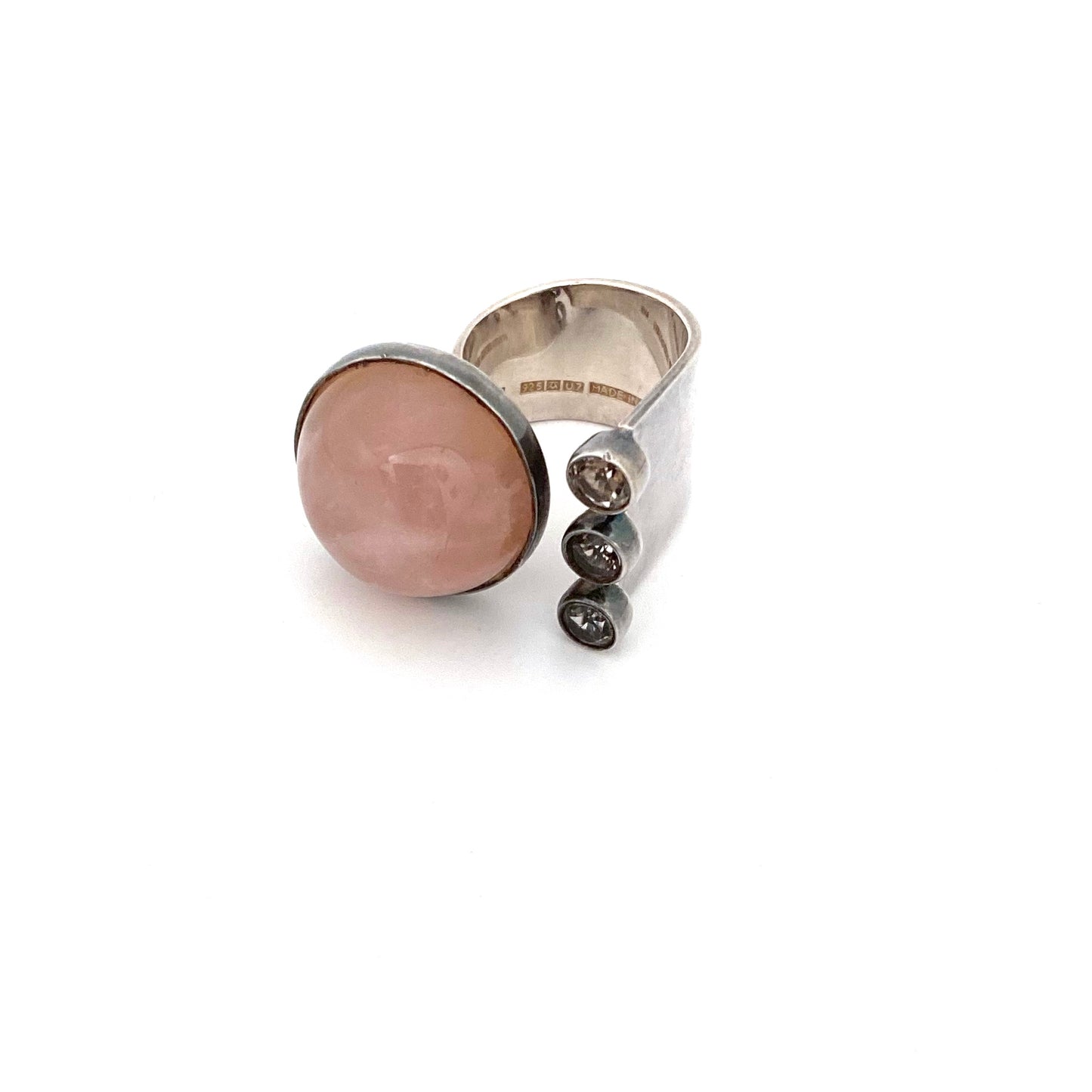 Valo Koru large silver, rose quartz & rock crystal ring ~ 1973