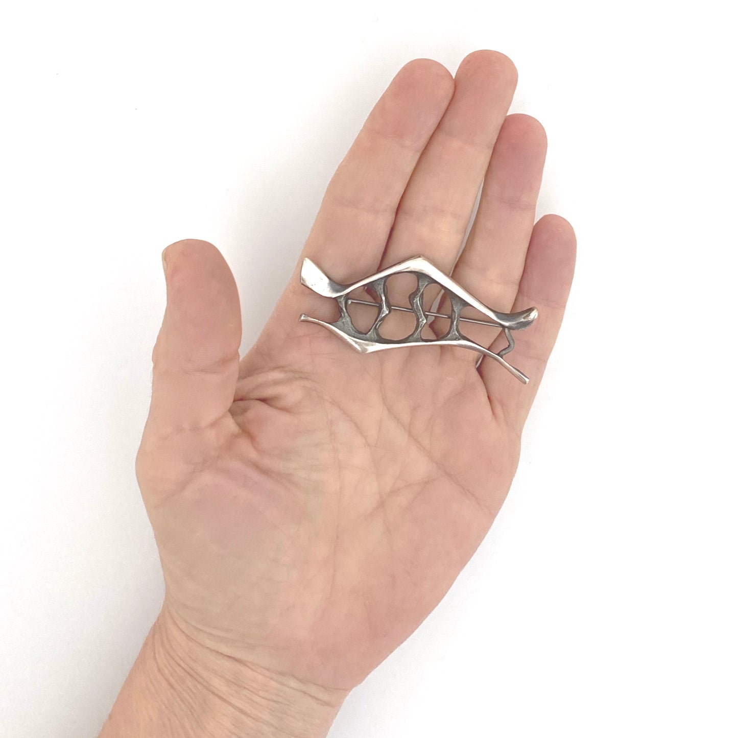 scale J Tostrup Norway vintage heavy silver openwork brooch Gudmund Elvestad Scandinavian Modernist design