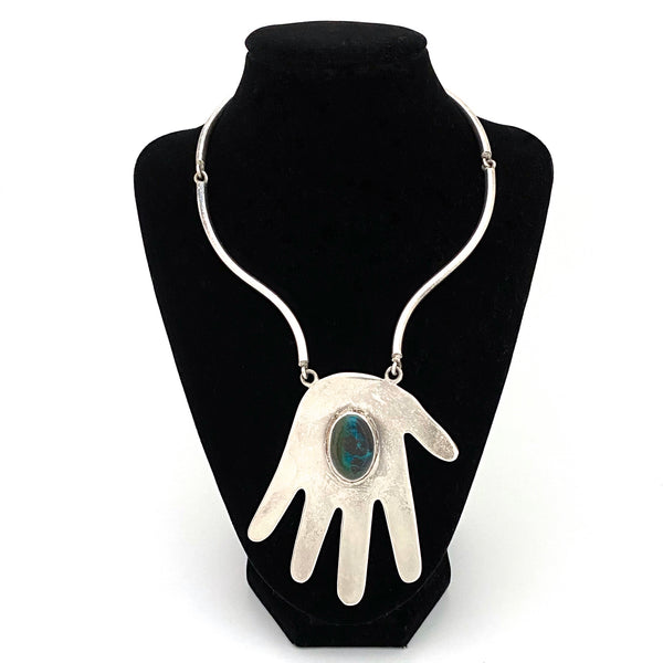 detail extra large vintage Mexico silver stone hand pendant necklace Modernist design