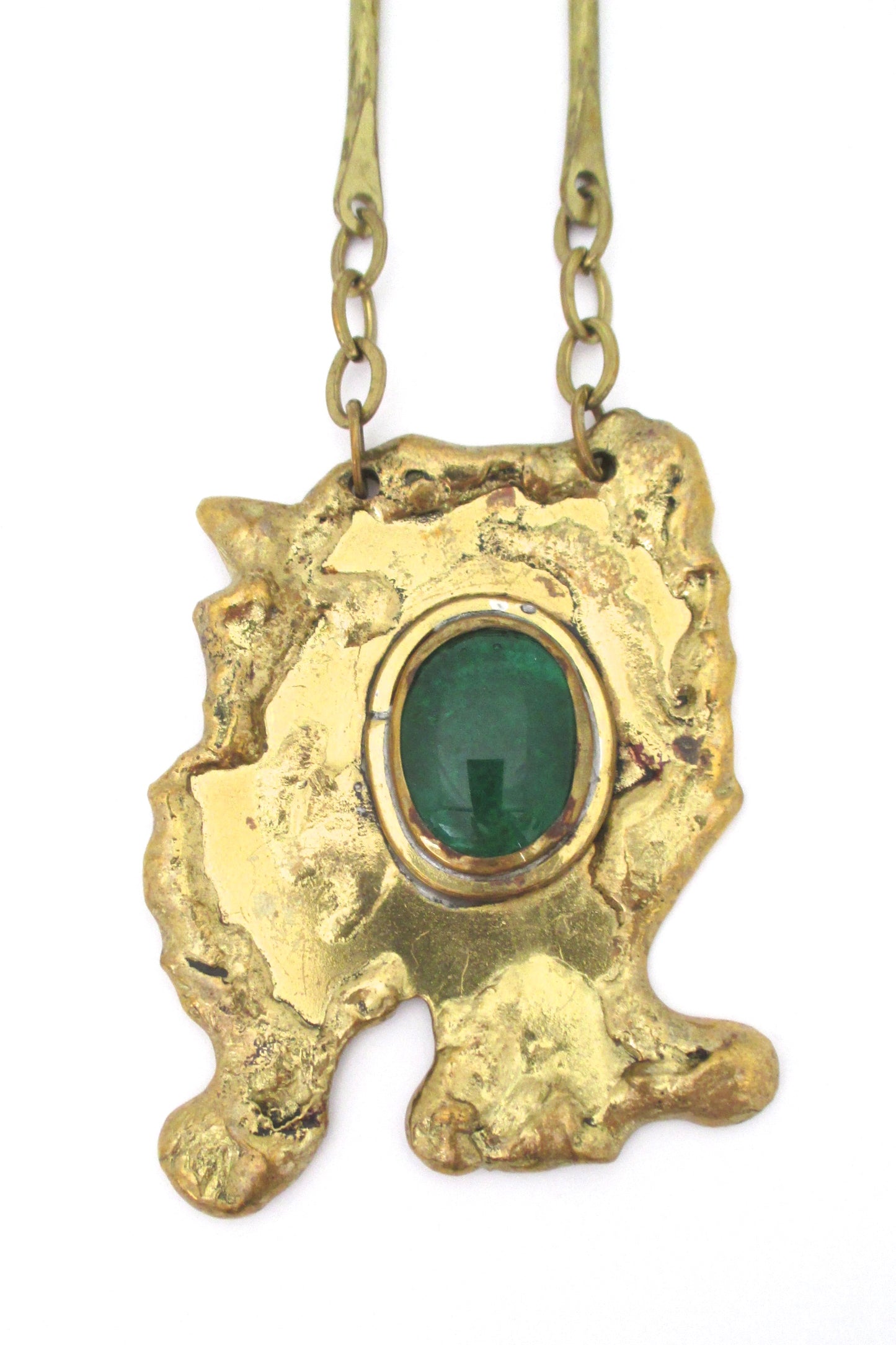 detail Rafael Alfandary Canada vintage brutalist brass large pendant necklace grass green stone