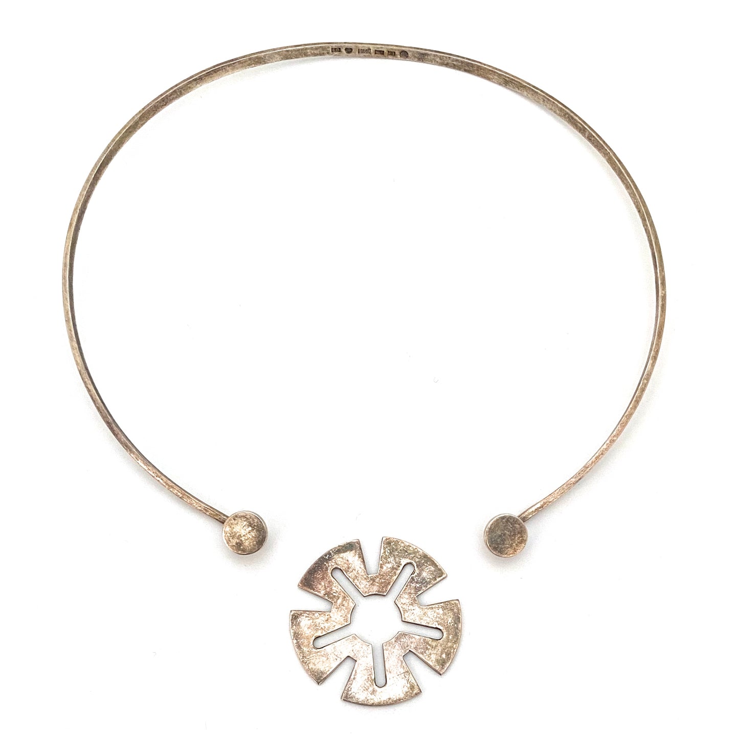 detail Kalevala Koru Finland vintage silver neck ring and integral pendant 1959 Scandinavian Modernist jewelry design