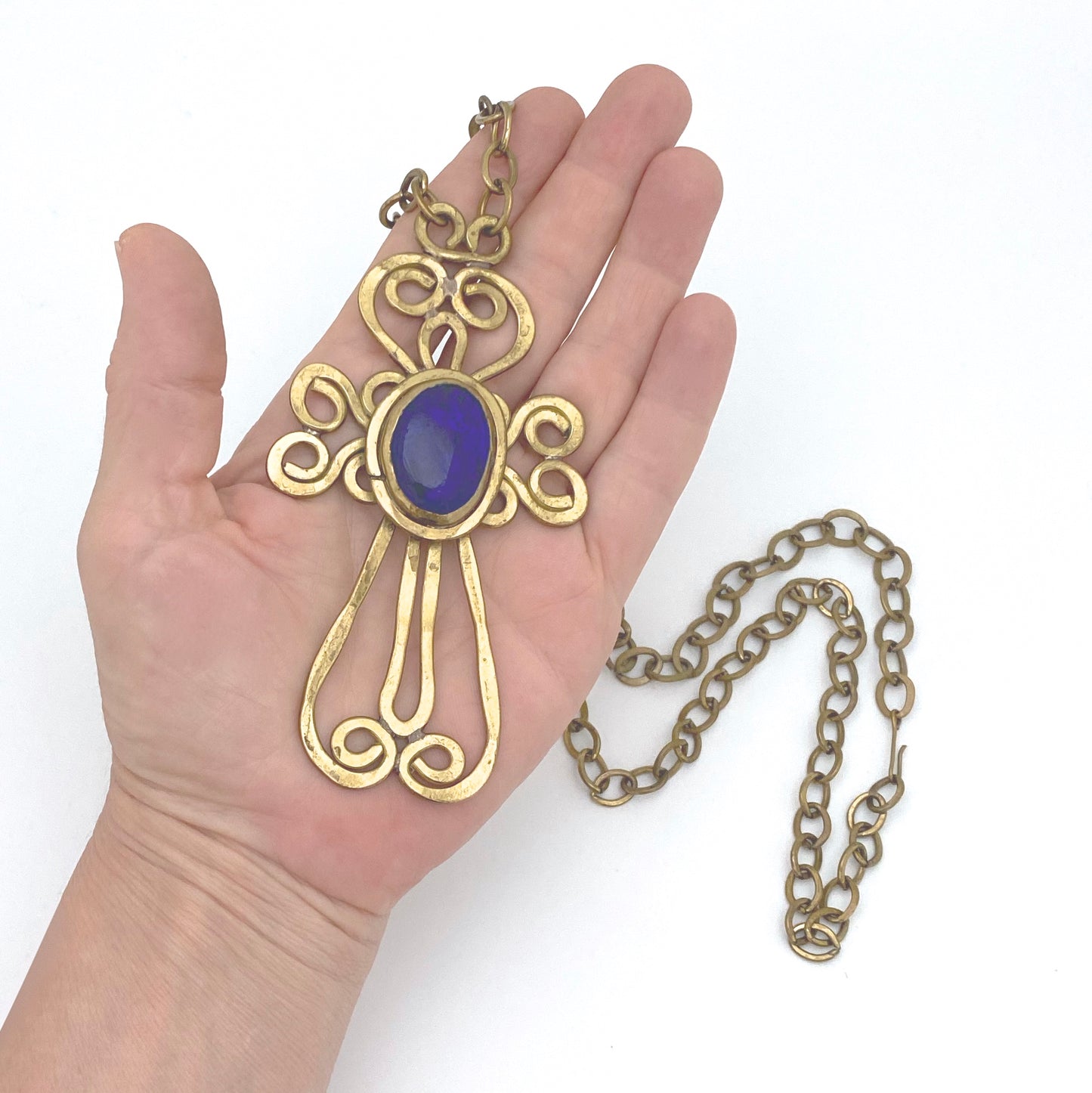 scale Rafael Alfandary Canada vintage brutalist brass large fancy cross pendant necklace cobalt blue