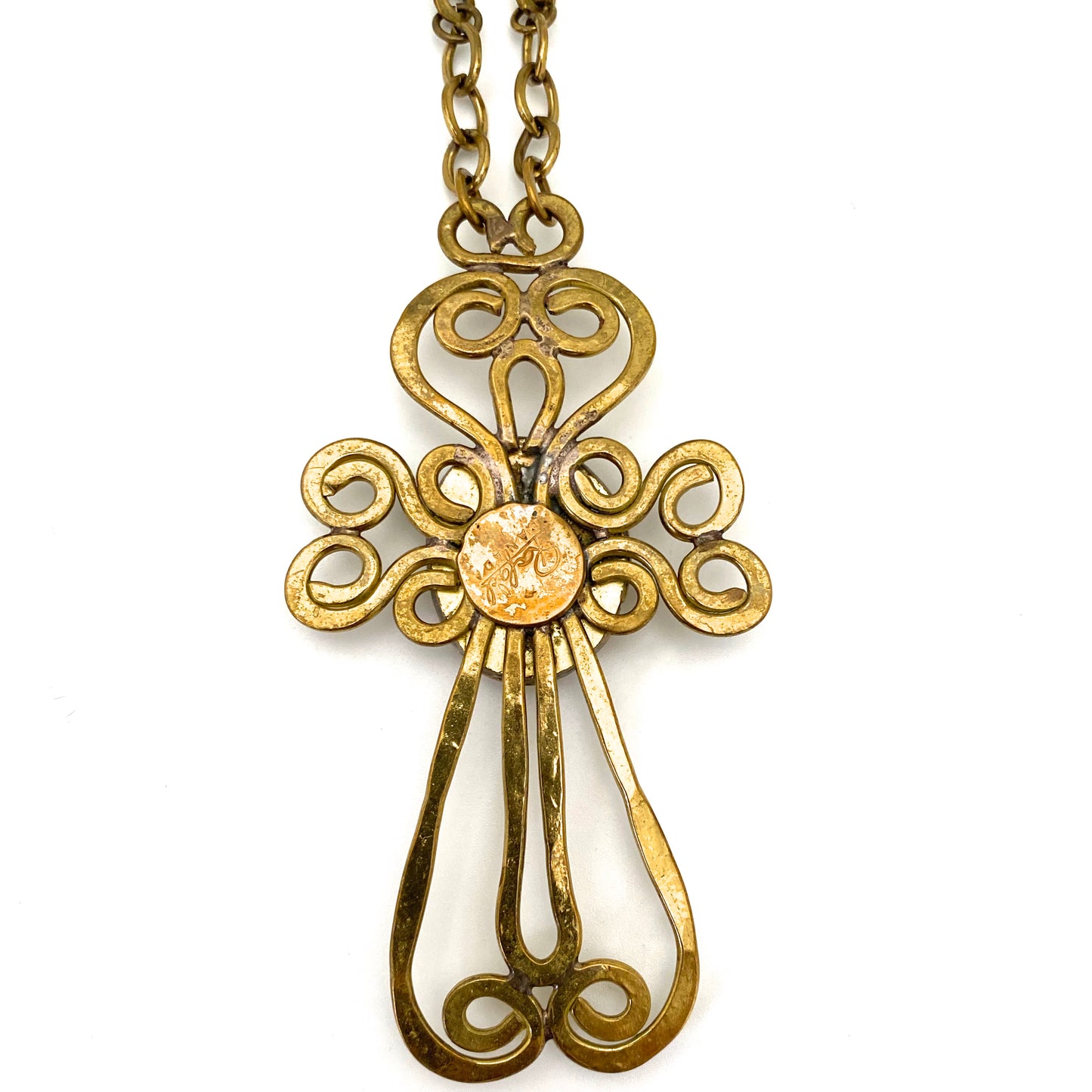 Rafael Canada large brass cross pendant necklace ~ clear cobalt blue
