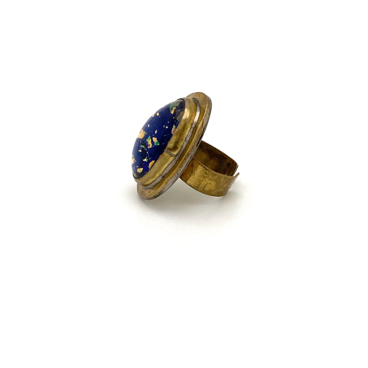 profile Rafael Alfandary Canada vintage brutalist brass blue glass with metallic flecks large oval ring