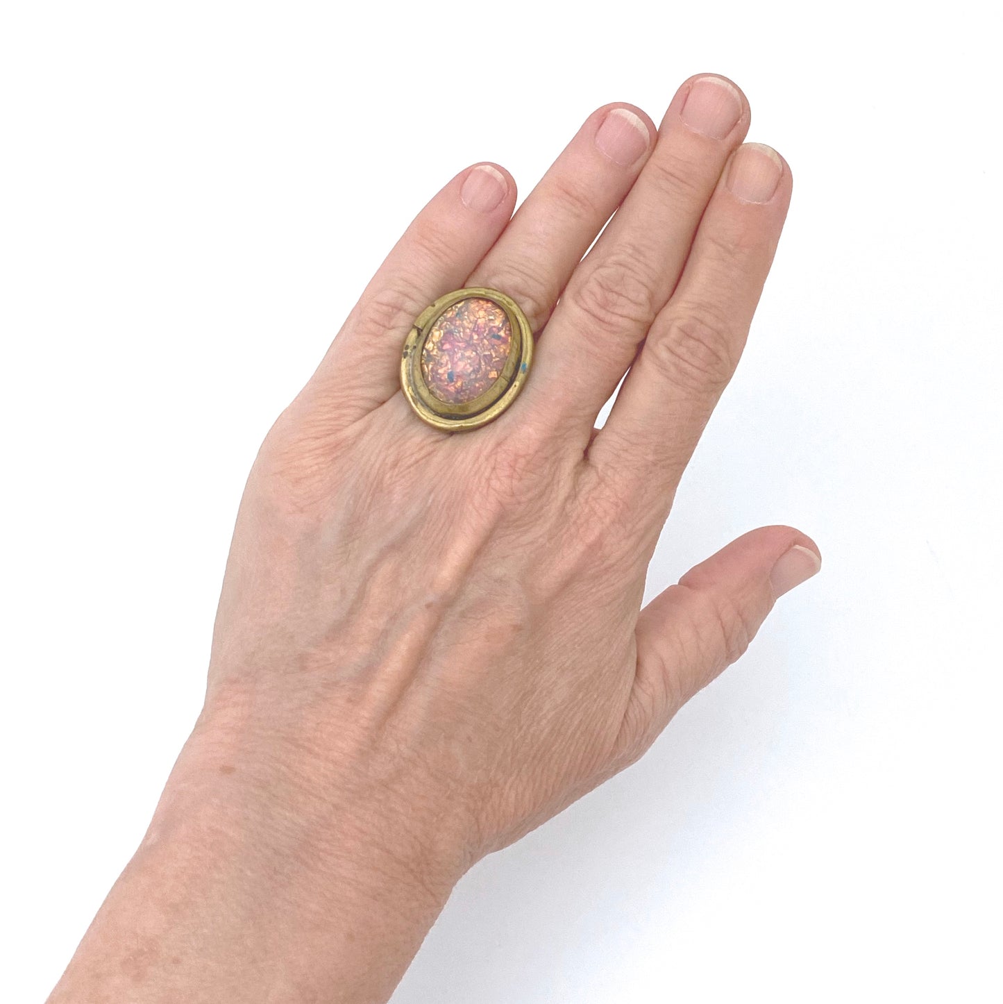 scale Rafael Alfandary Canada vintage brutalist brass faux opal glass large oval ring