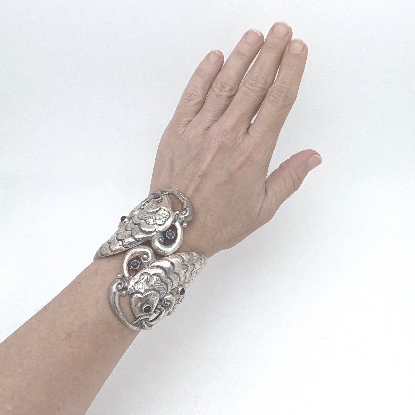 large silver & amethyst fish clamper bracelet ~ Taxco