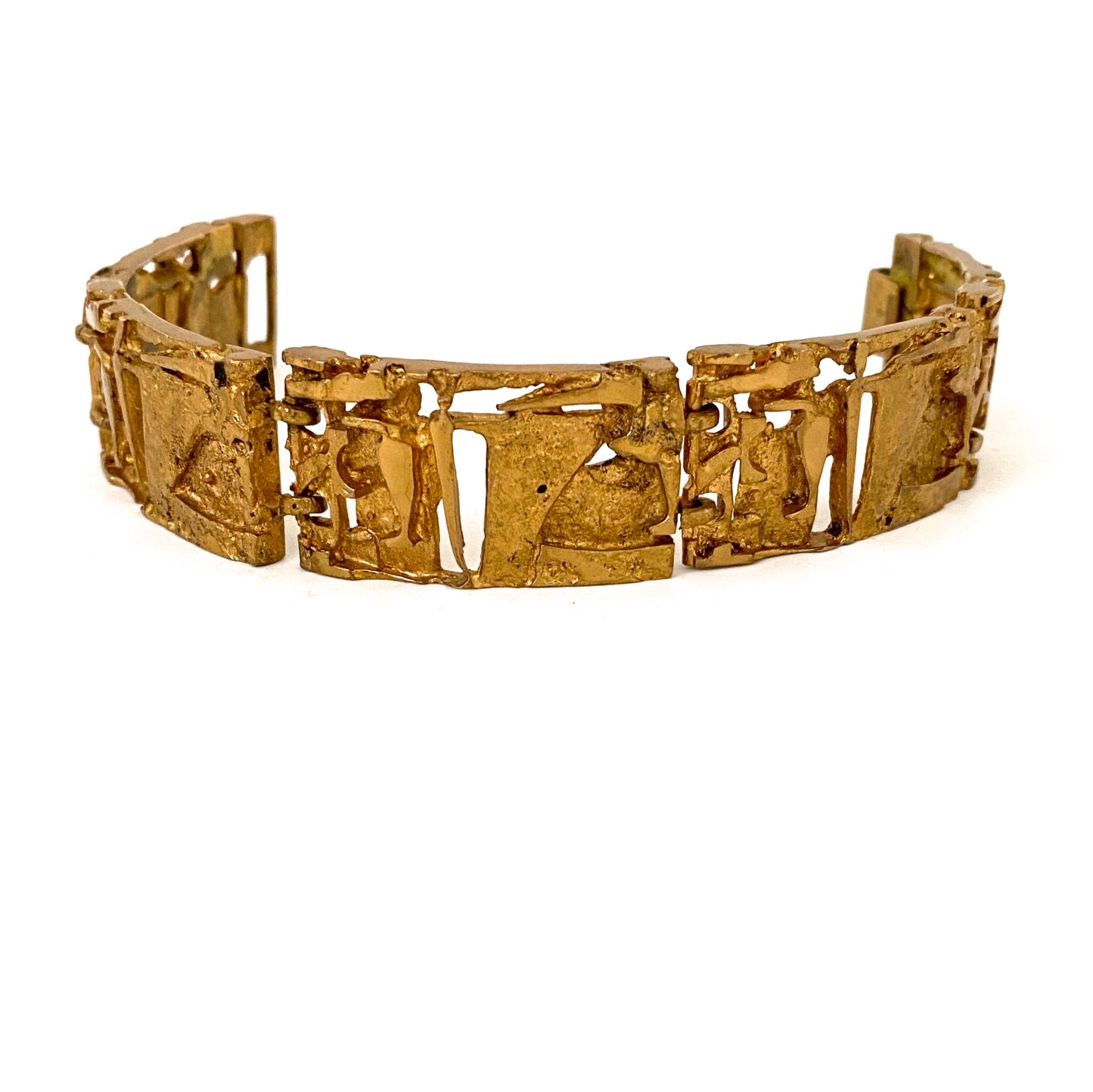 detail Jorma Laine Finland vintage gilt bronze brutalist panel link bracelet Scandinavian Modern jewelry design