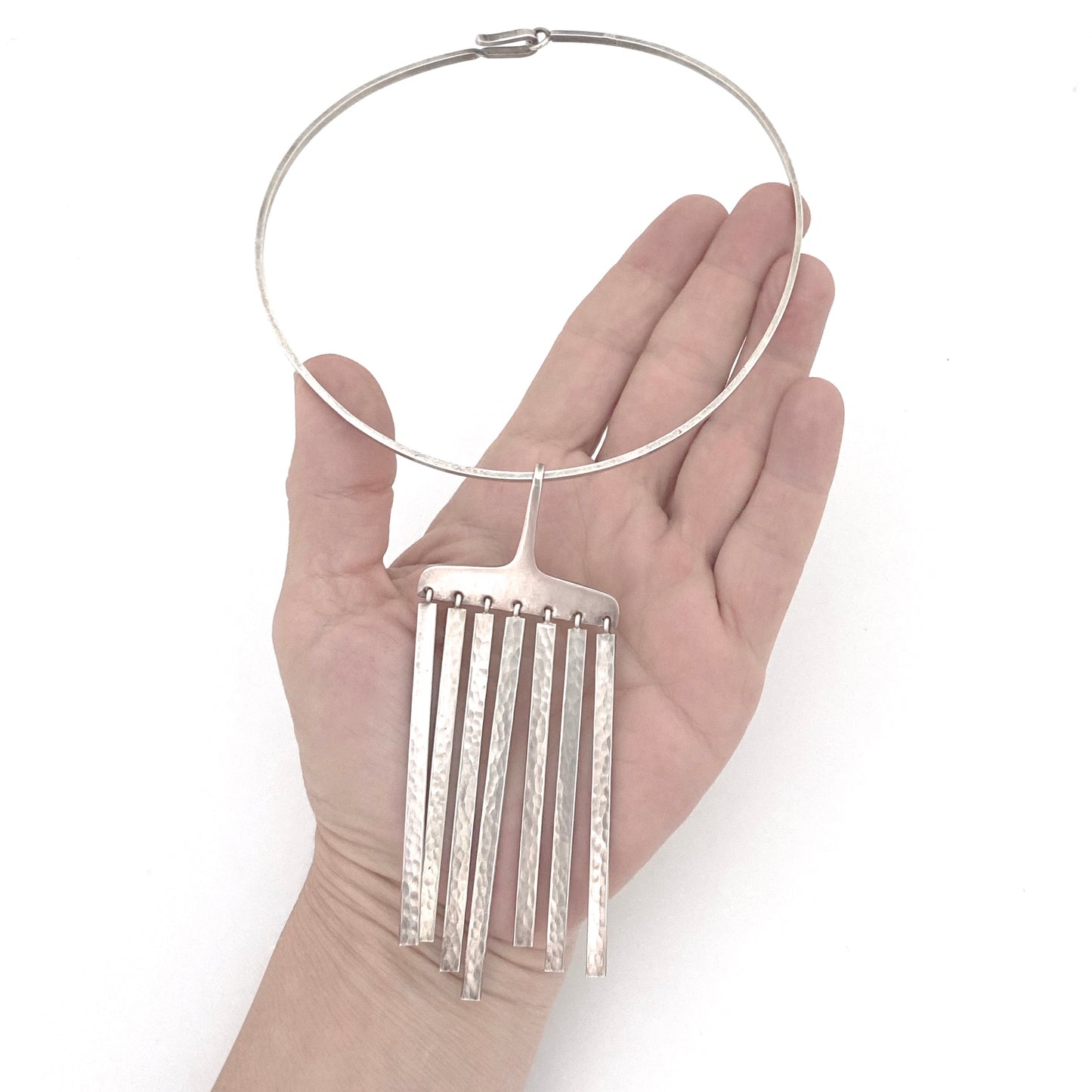 scale Bent Gabrielsen Hans Hansen Denmark vintage heavy hammered silver kinetic pendant necklace Scandinavian Modernist jewelry design