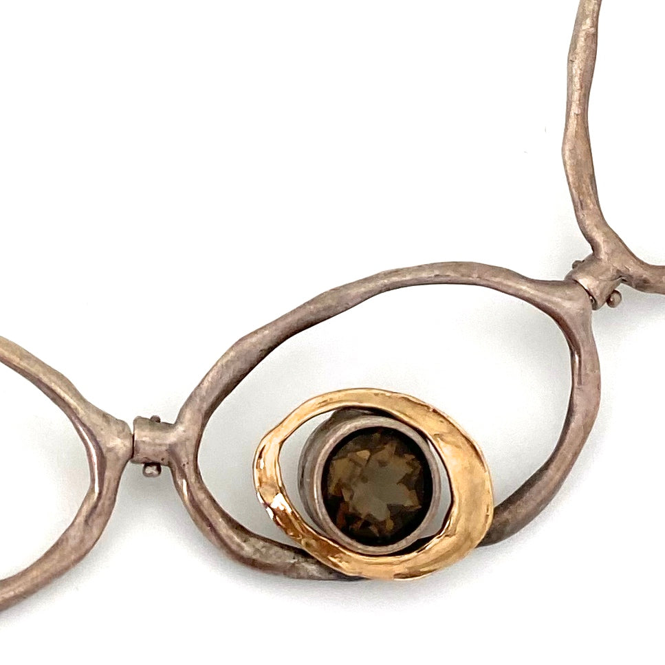 vintage studio made articulated silver, 14k gold & smoky quartz necklace