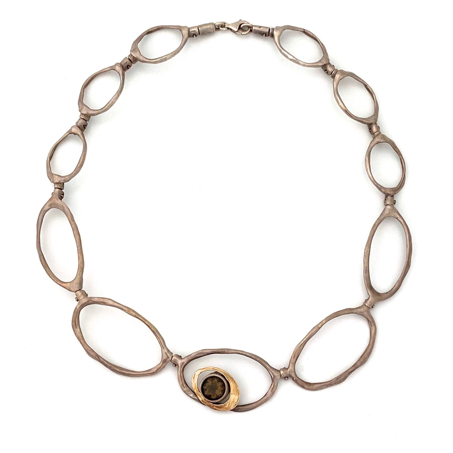 vintage studio made articulated silver, 14k gold & smoky quartz necklace