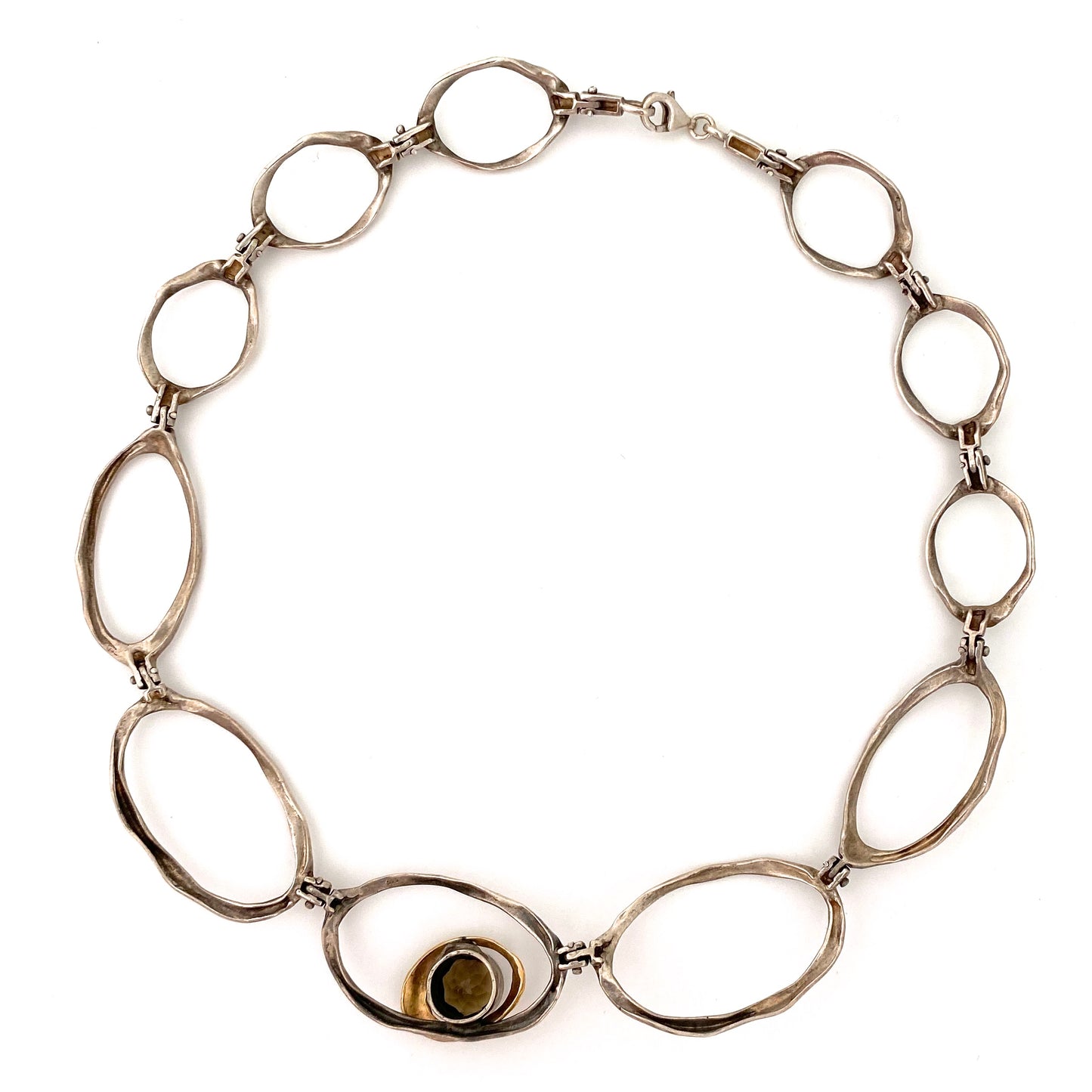 vintage studio made articulated silver, 14k gold & smoky quartz necklace